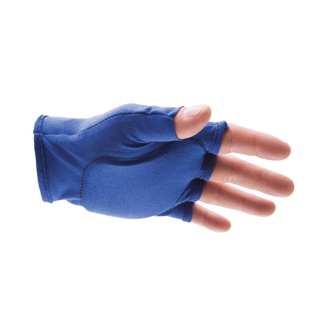 A hand wearing blue Impacto Anti-Impact Fingerless Gloves and Inserts, showing the palm and partially covered fingers.