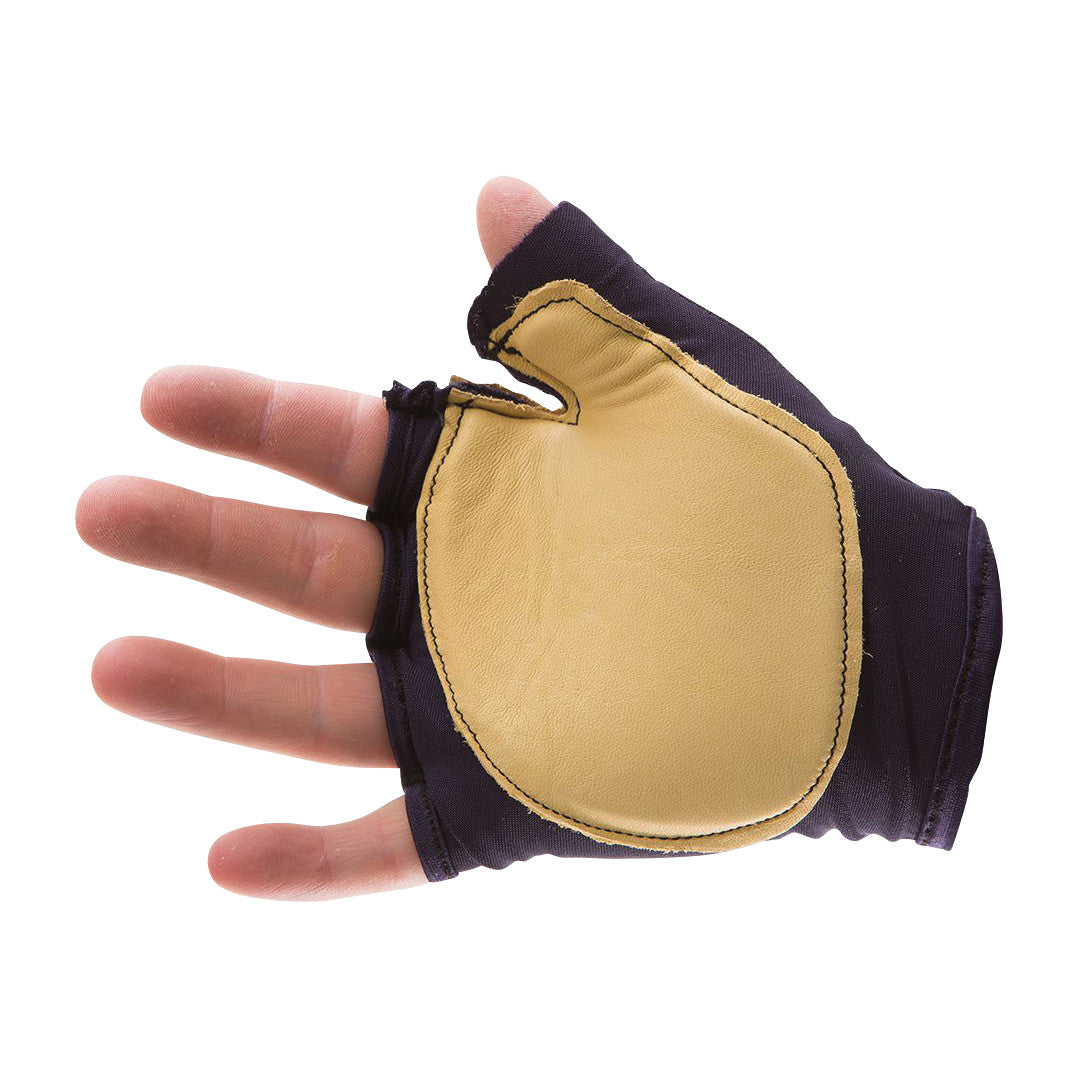 A hand wearing an Impacto Anti-Impact Fingerless Glove, featuring a tan padded palm and black fabric, with exposed fingers.