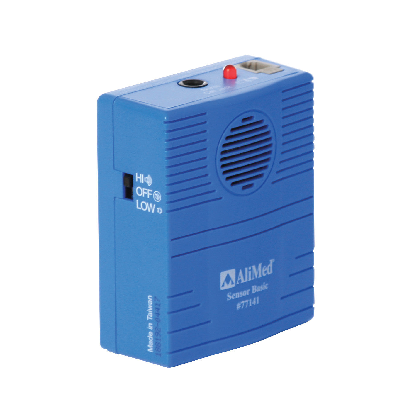 Blue AliMed Basic Sensor Alarm with a speaker grille, volume switch, and jacks on top. Text and branding are visible on the side.