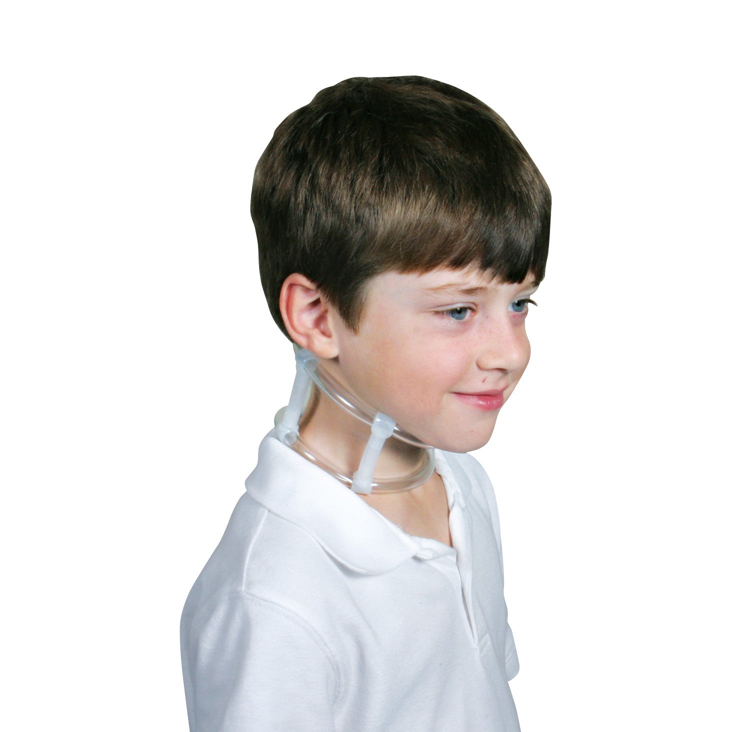 A child wearing a Torticollis (TOT) Collar made of transparent tubing, shown against a white background.