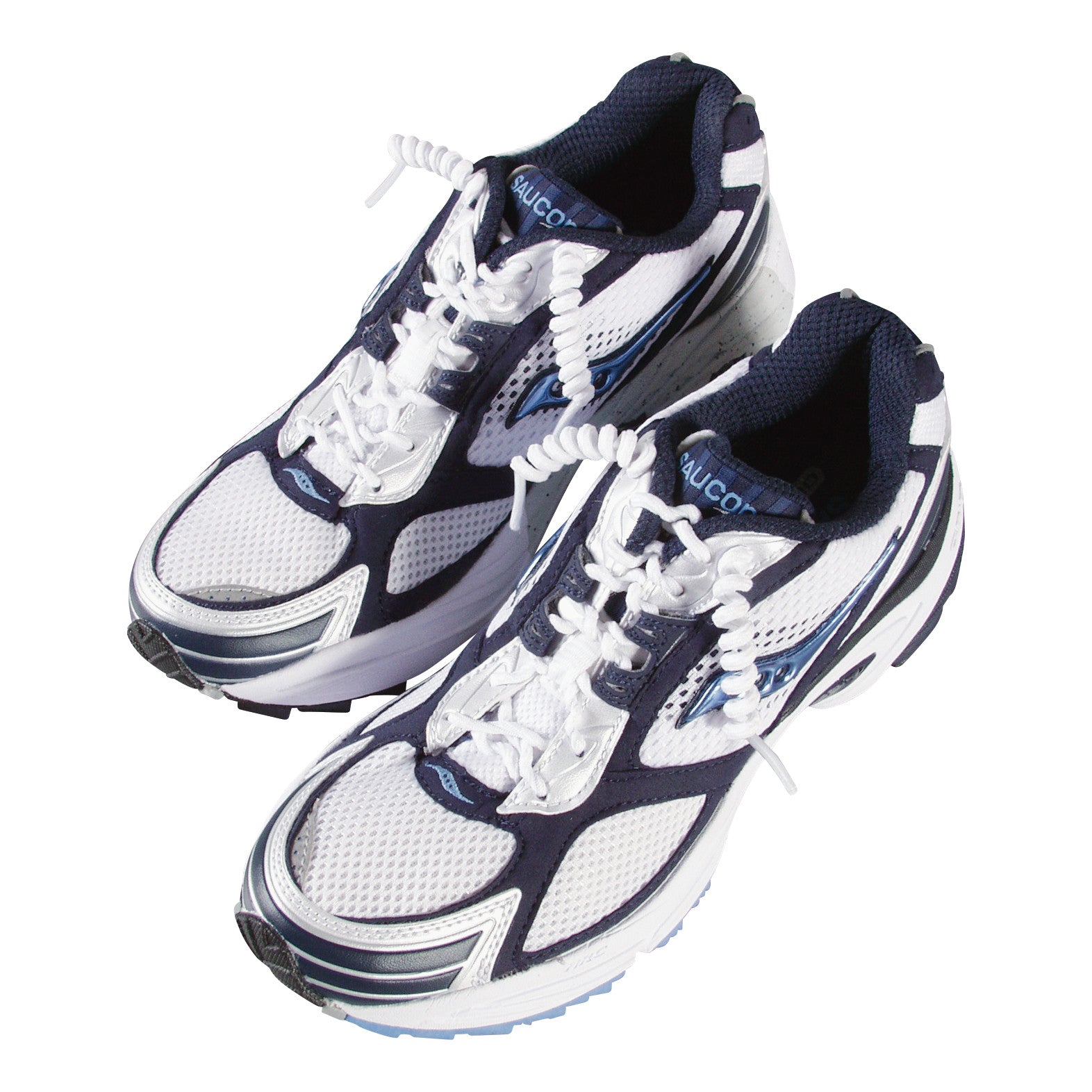 A pair of white and navy running shoes with Spyrolaces, featuring mesh uppers and reinforced toe caps.