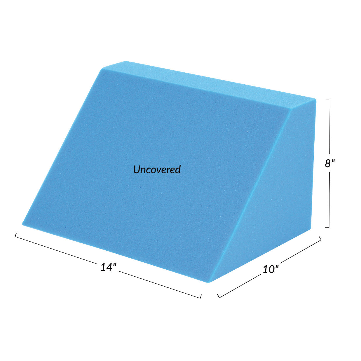 Blue foam AliMed Uncovered Body Positioning Wedge. Dimensions are 14" x 10" x 8". It has a trapezoidal shape.