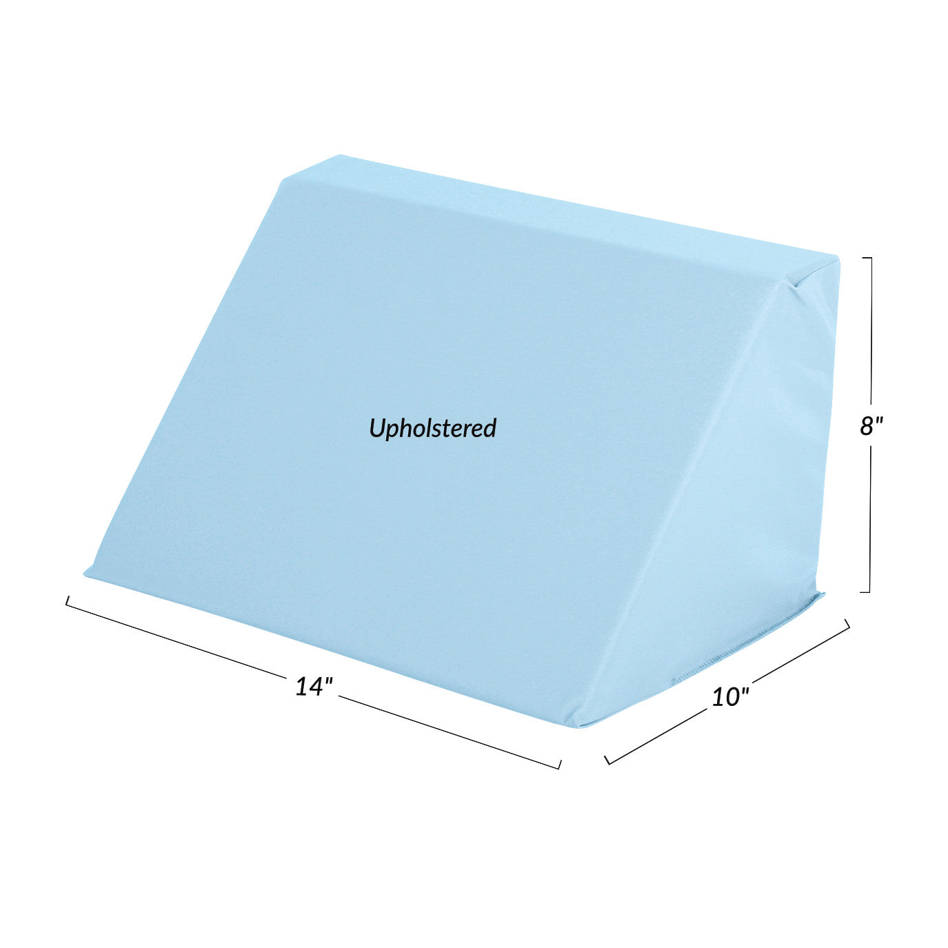 Blue "AliMed Upholstered Body Positioning Wedge," measuring 14" long, 10" deep, and 8" high.