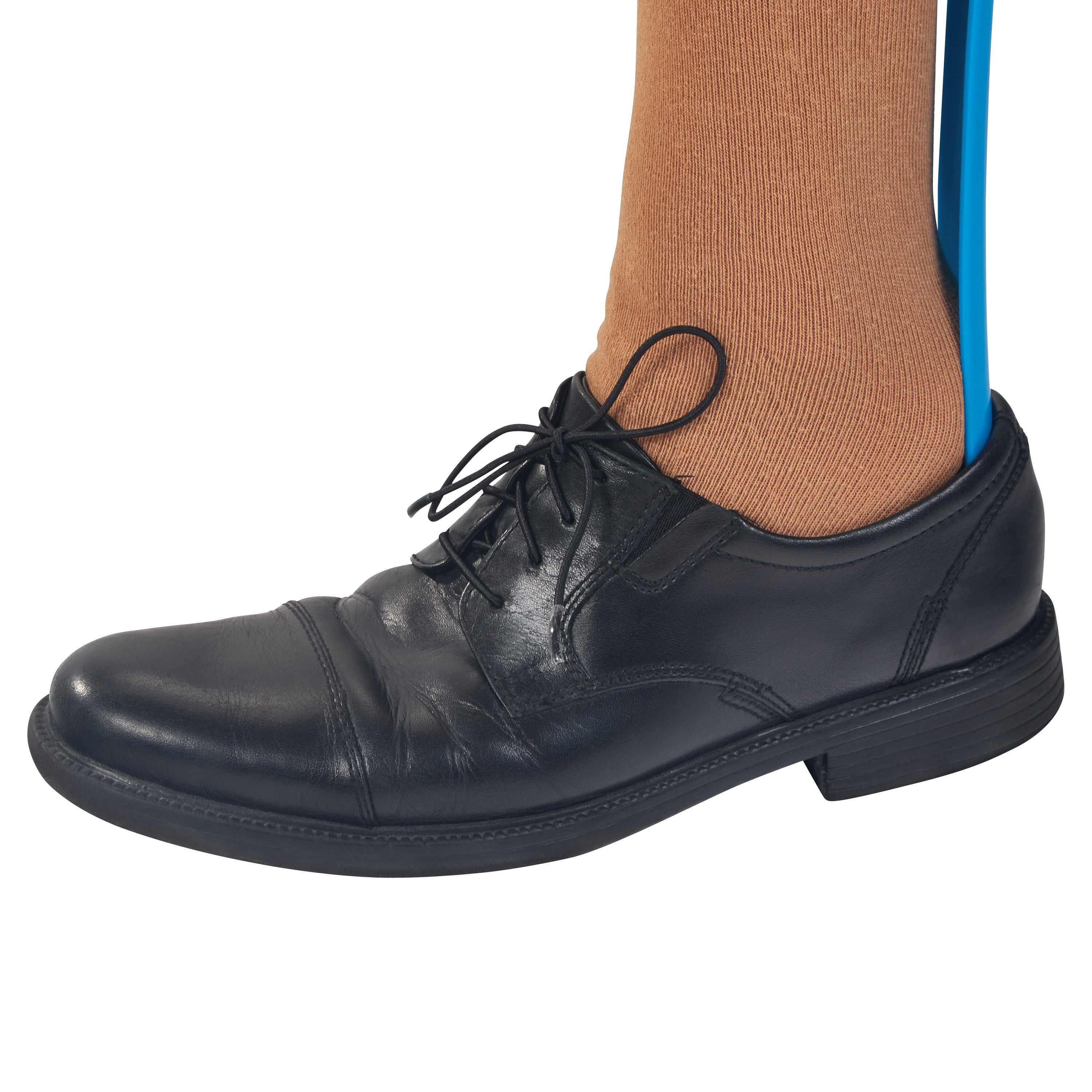 A black leather shoe with a brown sock and a blue shoehorn. The shoe has a Round Elastic Shoelace and a polished finish.