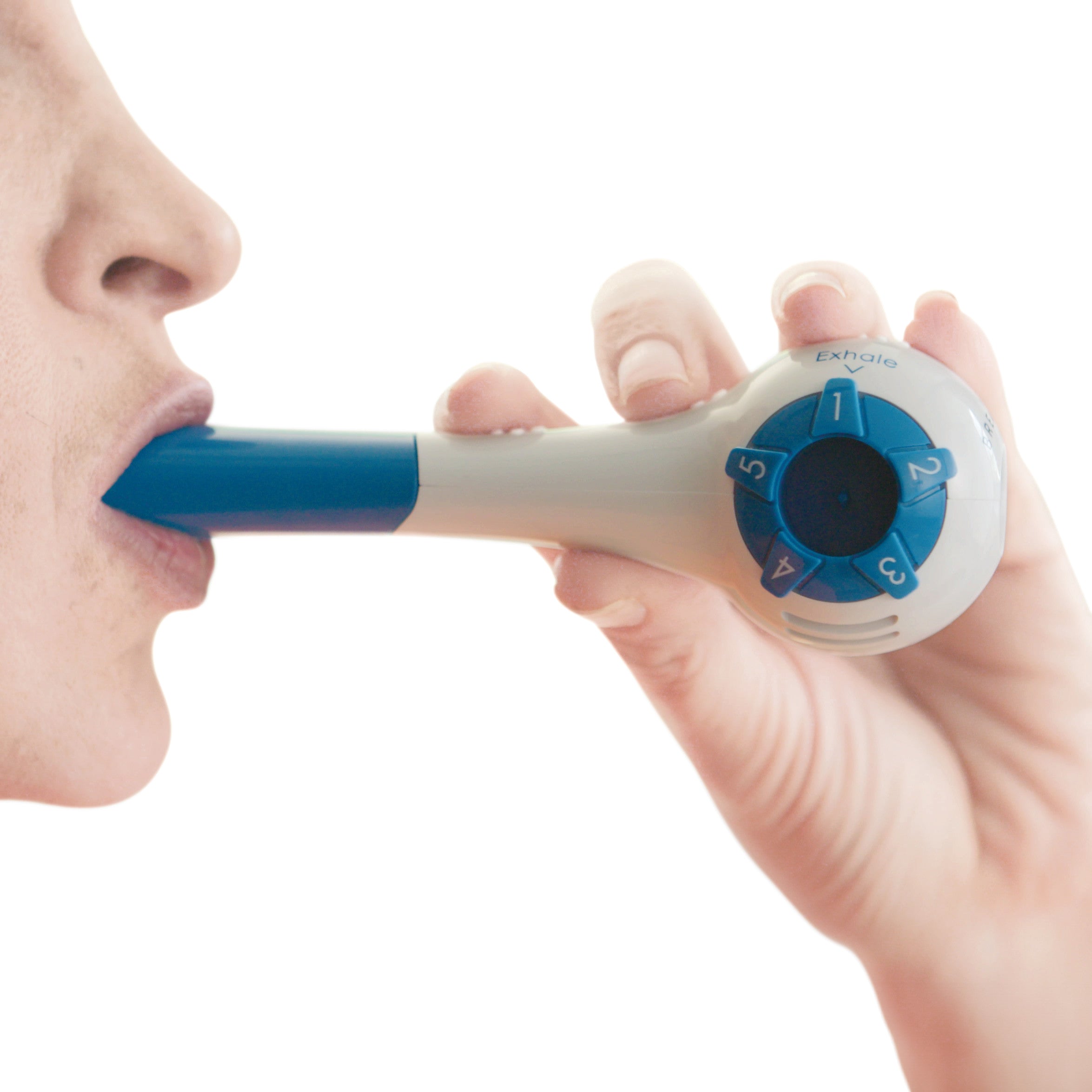 A person uses THE BREATHER Respiratory Muscle Trainer, a handheld device with adjustable settings for respiratory training.