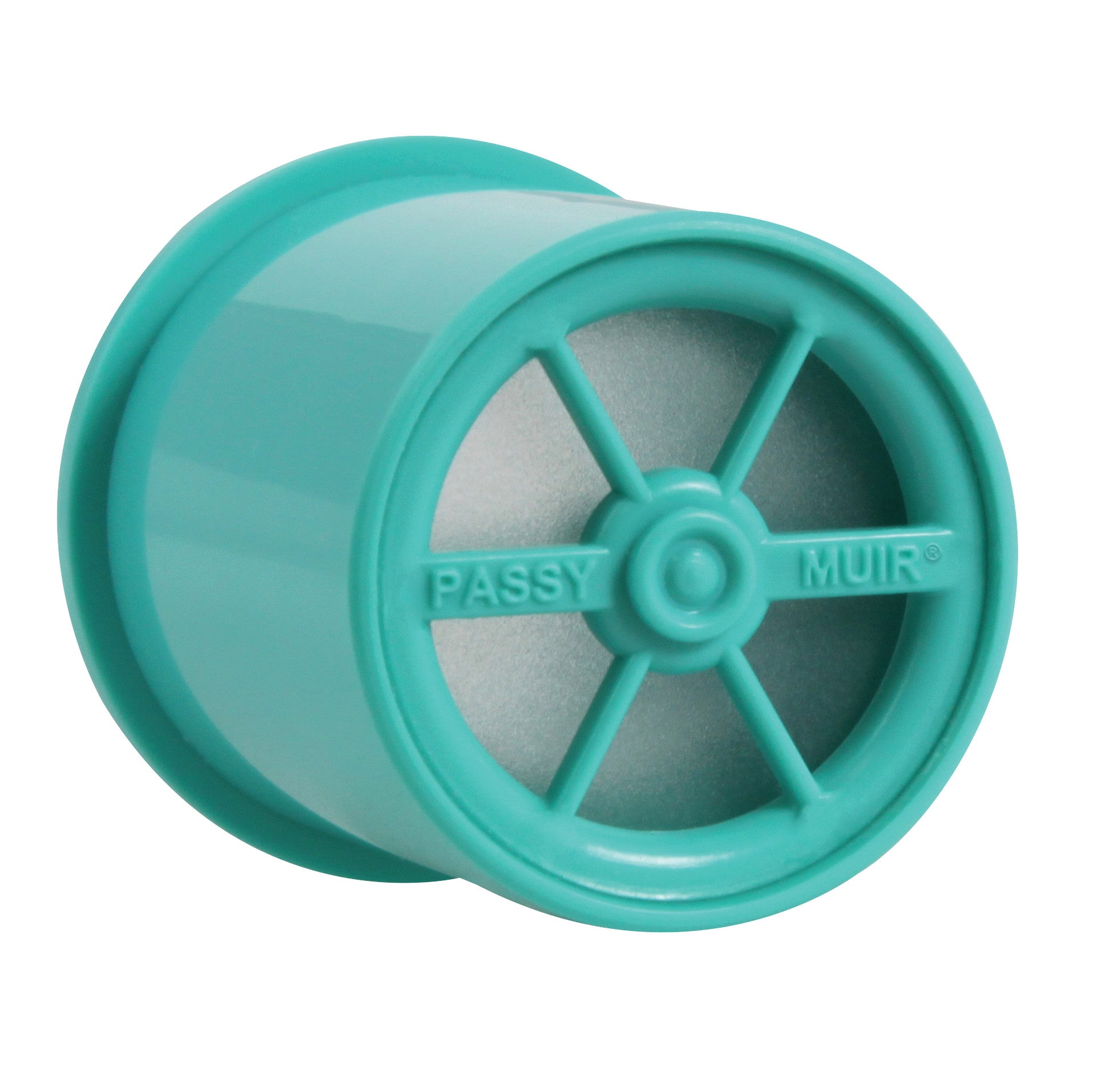 Teal Passy Muir Tracheostomy and Ventilator Speaking Valve, featuring a circular, ventilated design with "Passy Muir" text.