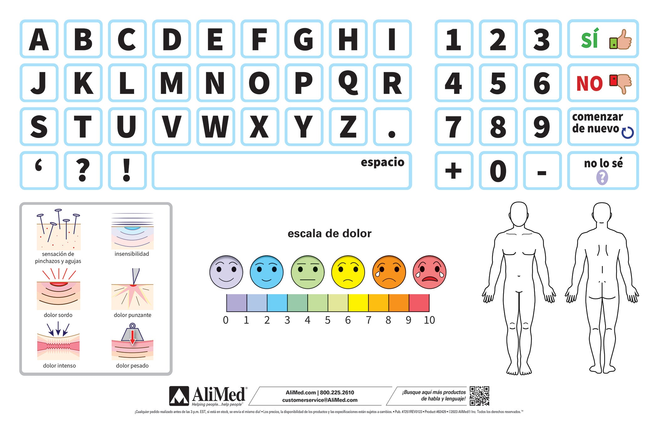 The AliMed Critical Communicator features a Spanish alphabet, numbers, pain scale, and body outline for non-verbal communication.