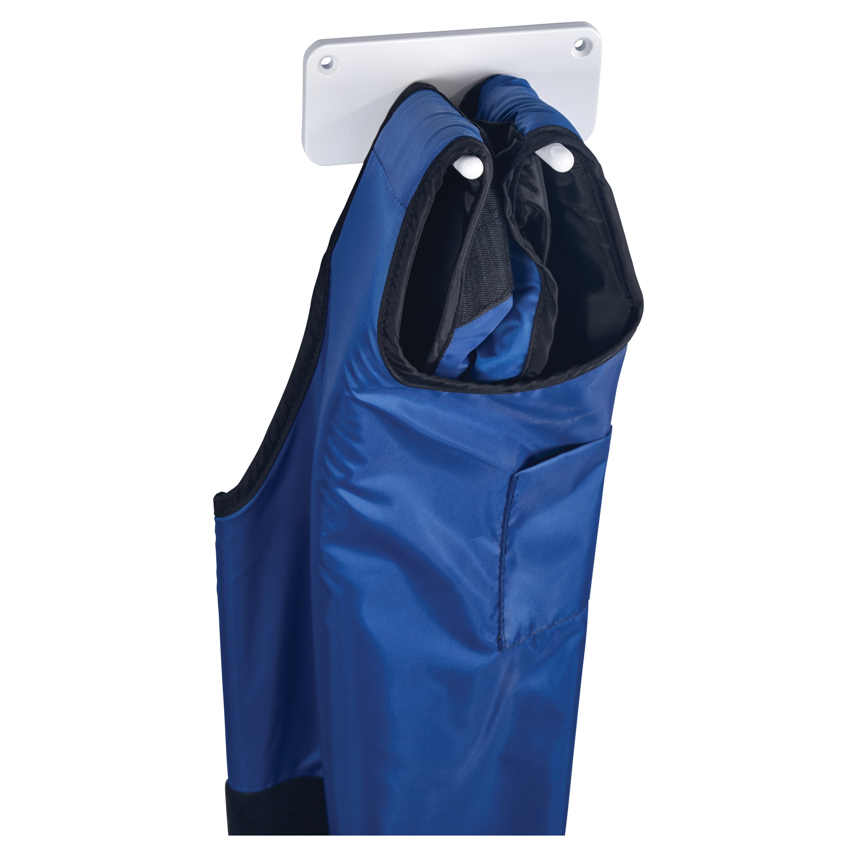 Blue apron hangs on the AliMed Wall Apron Rack, attached to a white mounting plate with two pegs.