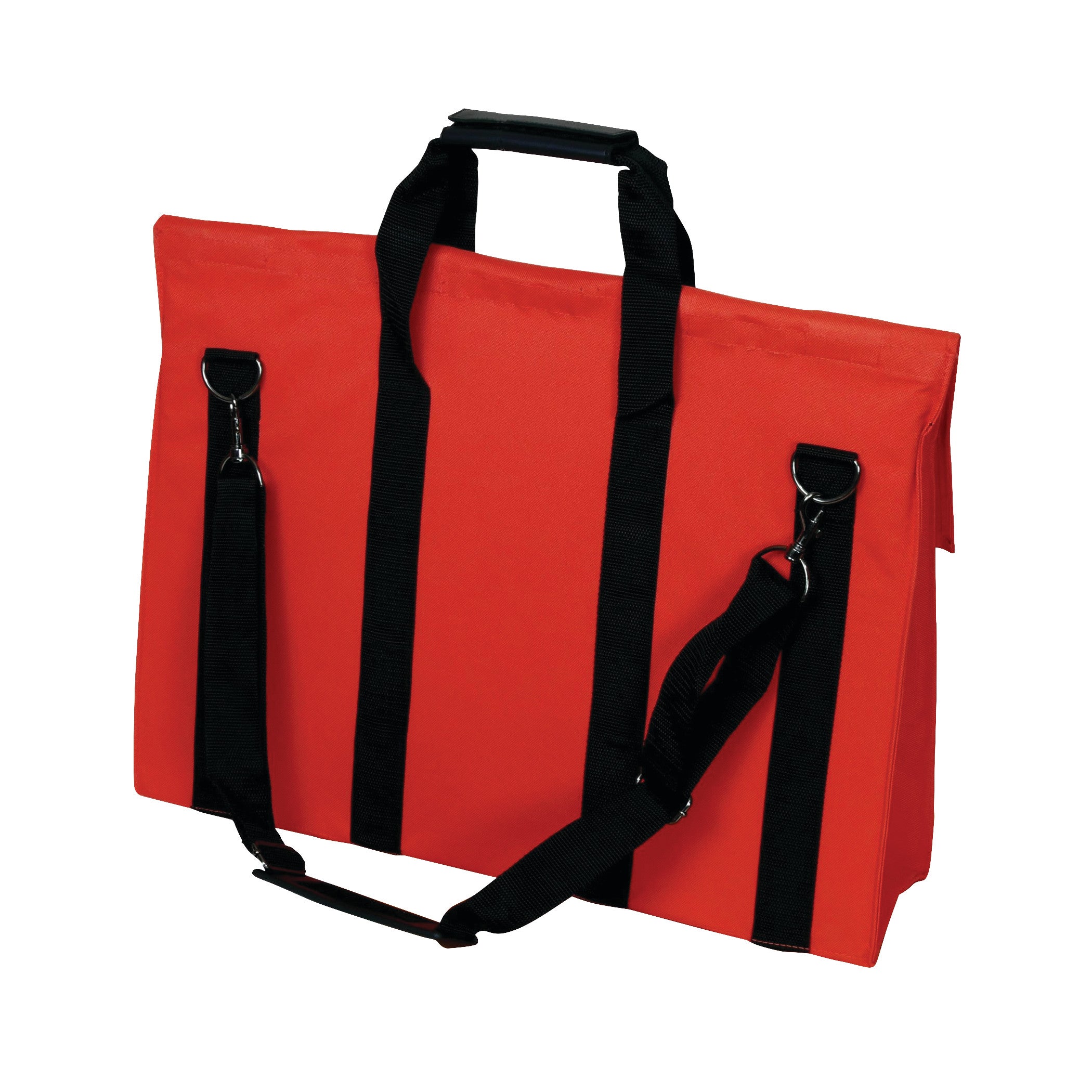 Red Expandable X-Port X-Ray Portfolio with black straps and handles, featuring metal clasps for securing the shoulder strap.