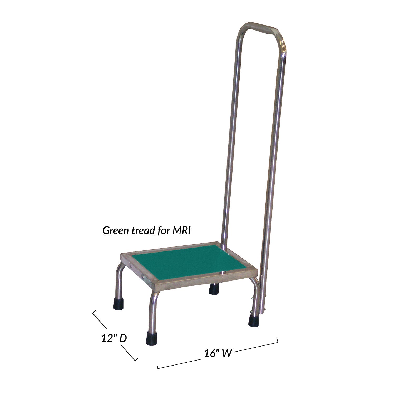 MRI Nonmagnetic Single Step Stool with a green tread, metal frame, rubber feet, dimensions 16' wide by 12' deep, with a handrail.