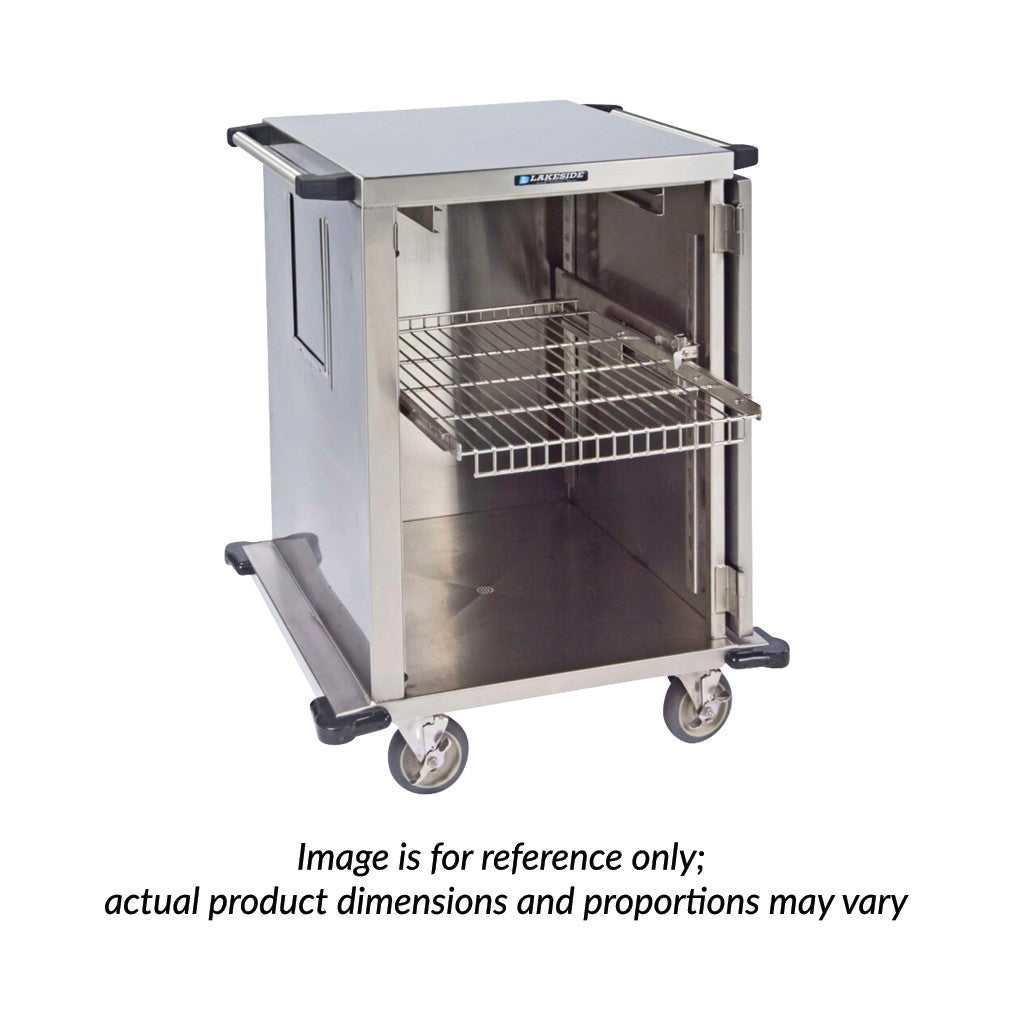 Lakeside Stainless Steel Case Cart with a handle, open side door, and a wire shelf. It's on wheels for easy mobility.