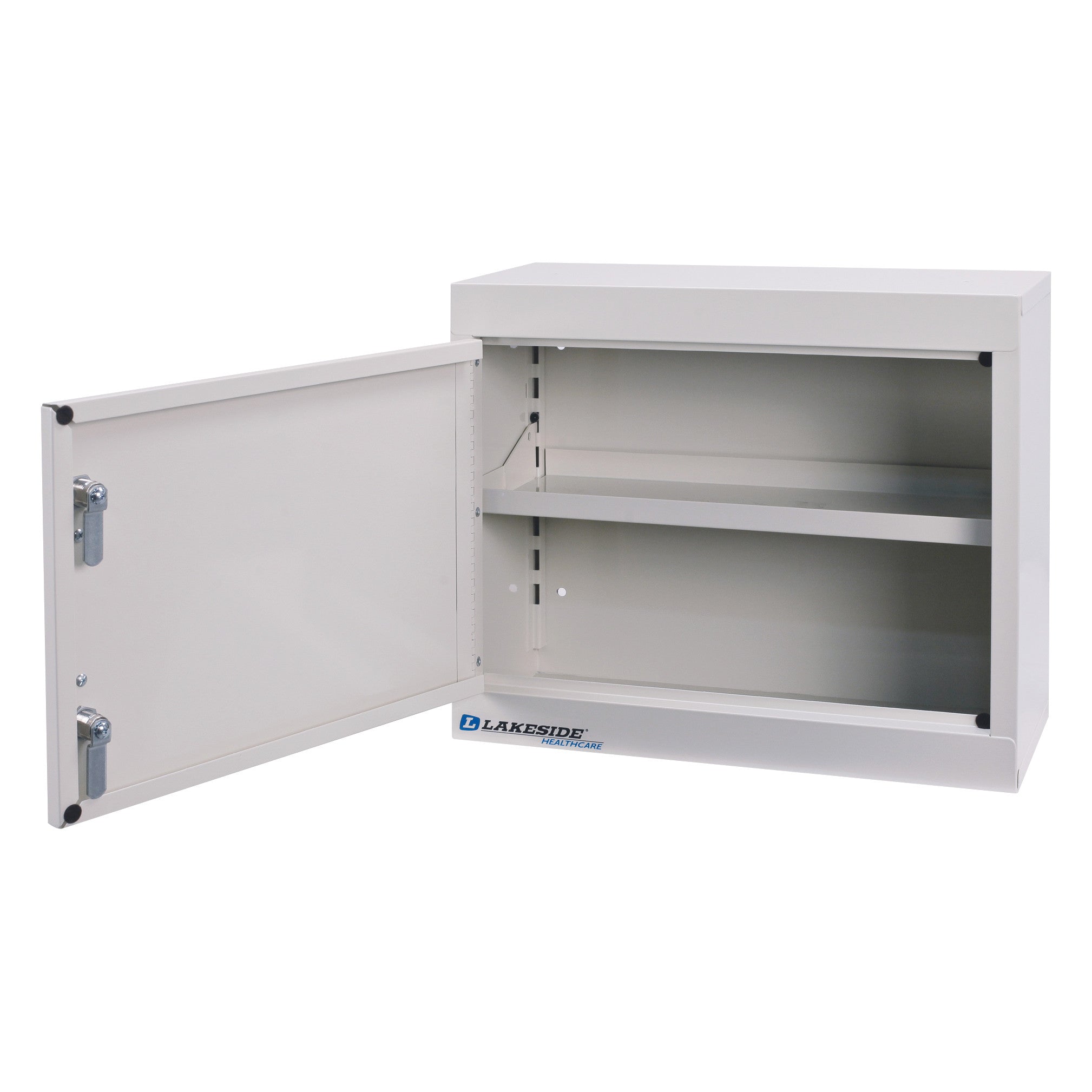 Open Lakeside Double-Lock Narcotics Box with two shelves and secure locks on the door.