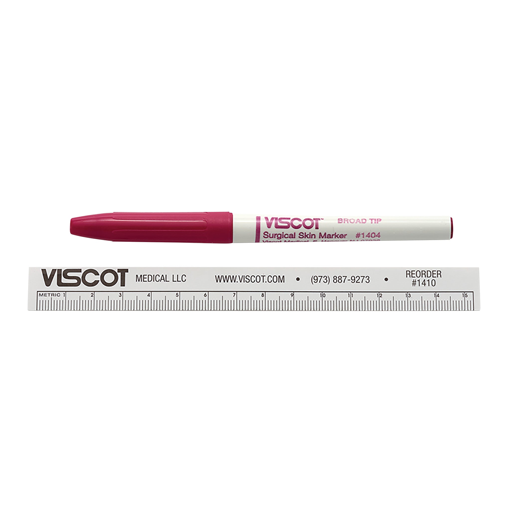 A Viscot Precision Surgical Skin Marker with a pink cap is placed above a white, branded ruler with measurement markings.