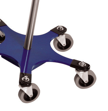 A Five-Leg Color-Coded Space-Saving IV Pole with a blue base and five caster wheels for stability and mobility.