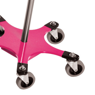 A pink Five-Leg Color-Coded Space-Saving IV Pole features sturdy caster wheels for easy mobility.