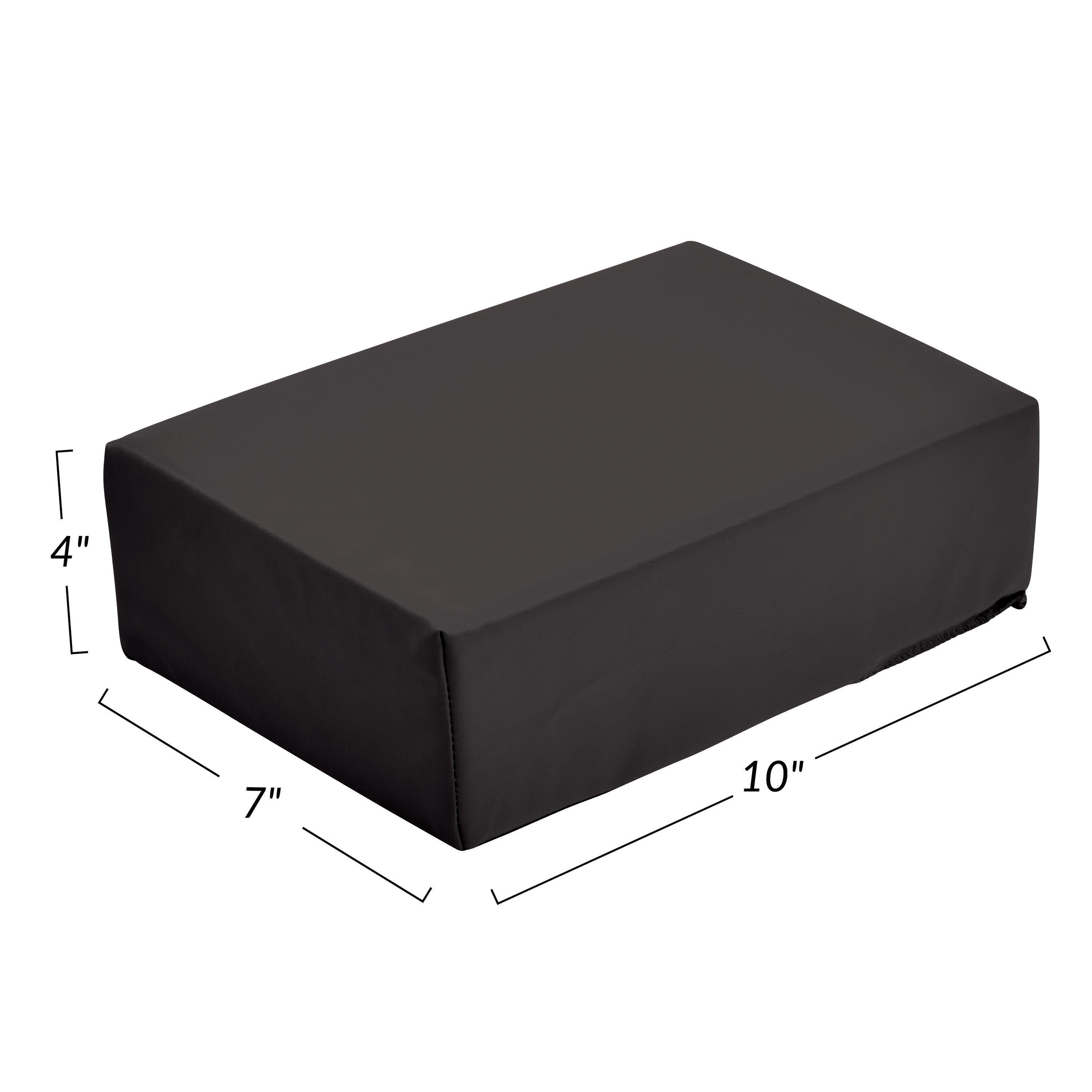 AliMed Vinyl-Covered Small Rectangle Positioner measuring 10" x 7" x 4", shown in black, with dimensions labeled on sides.