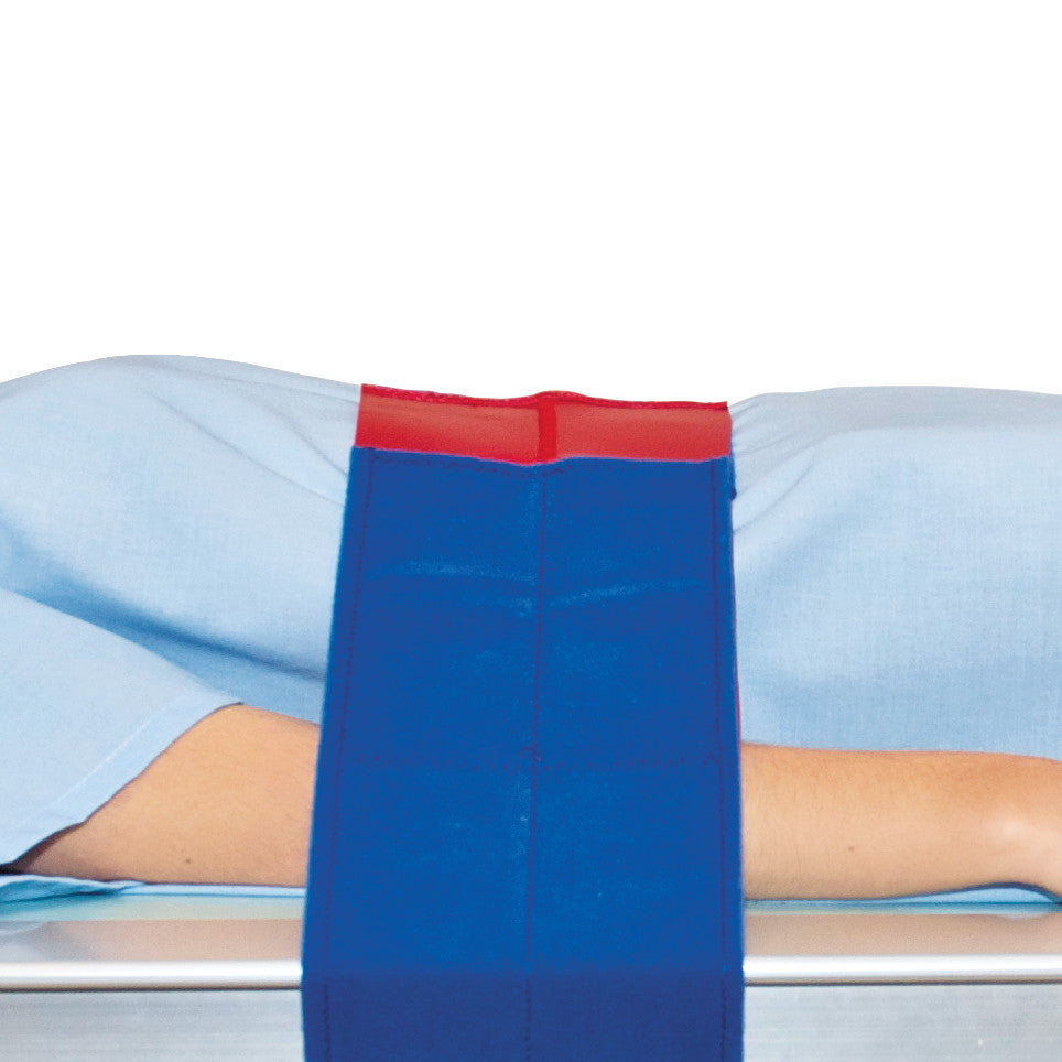 A person lying on a surface with the AliMed Universal Strap, Two-Piece, Three Closures, Side Rail Hold securing them.