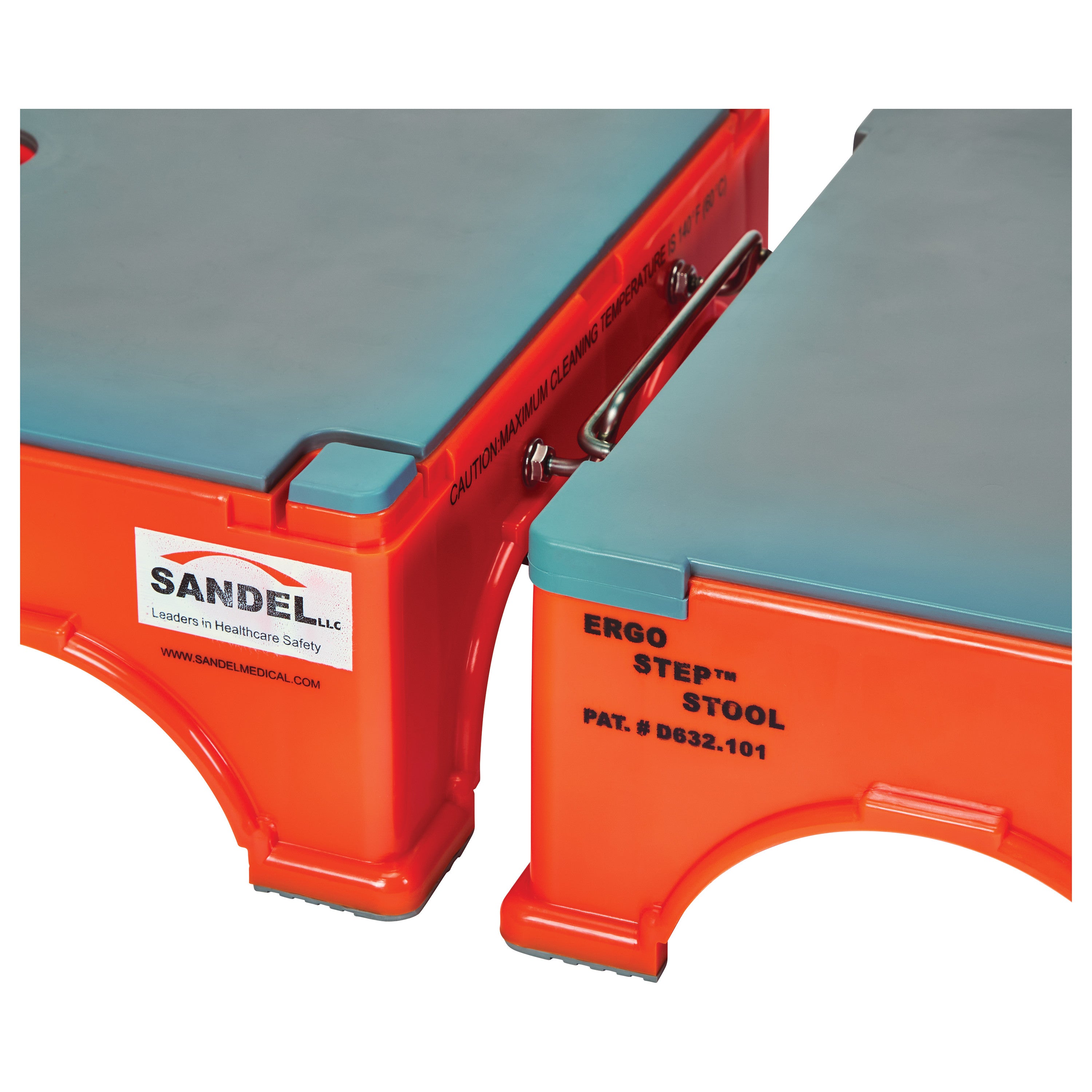Orange SANDEL Ergo-Step Stool with blue top, featuring safety and patent labels. Used in healthcare for safe stepping.