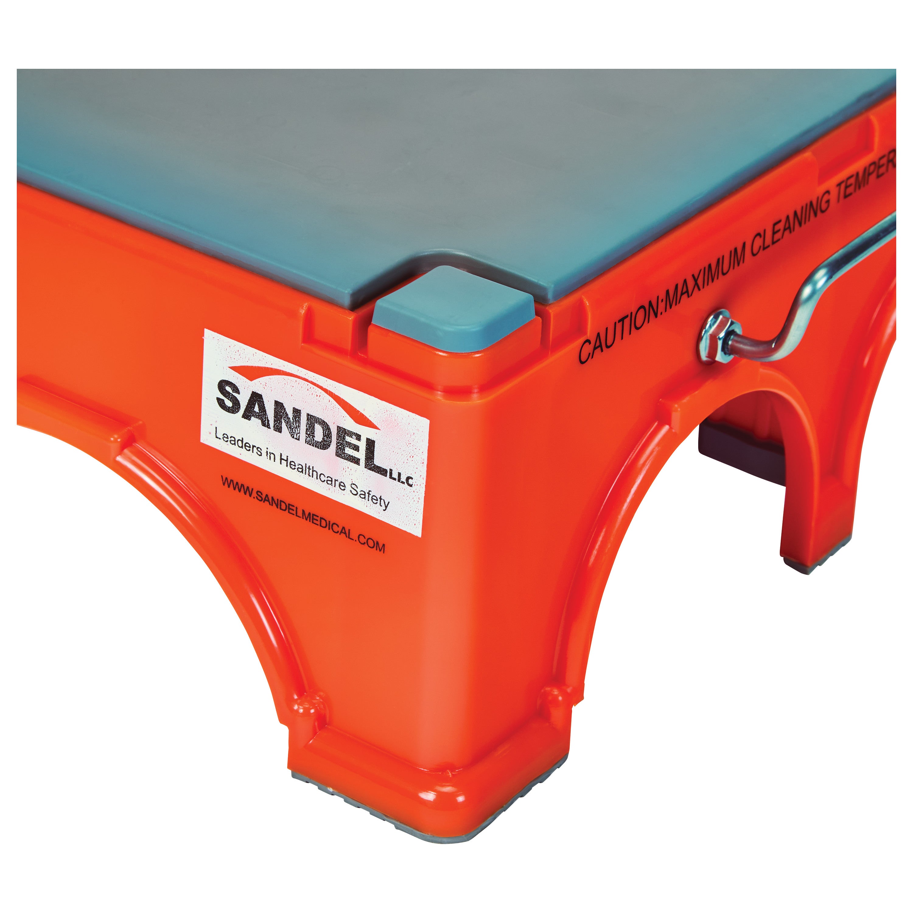Orange SANDEL Ergo-Step Stool with a non-slip gray surface, safety label, and branded logo on the side.