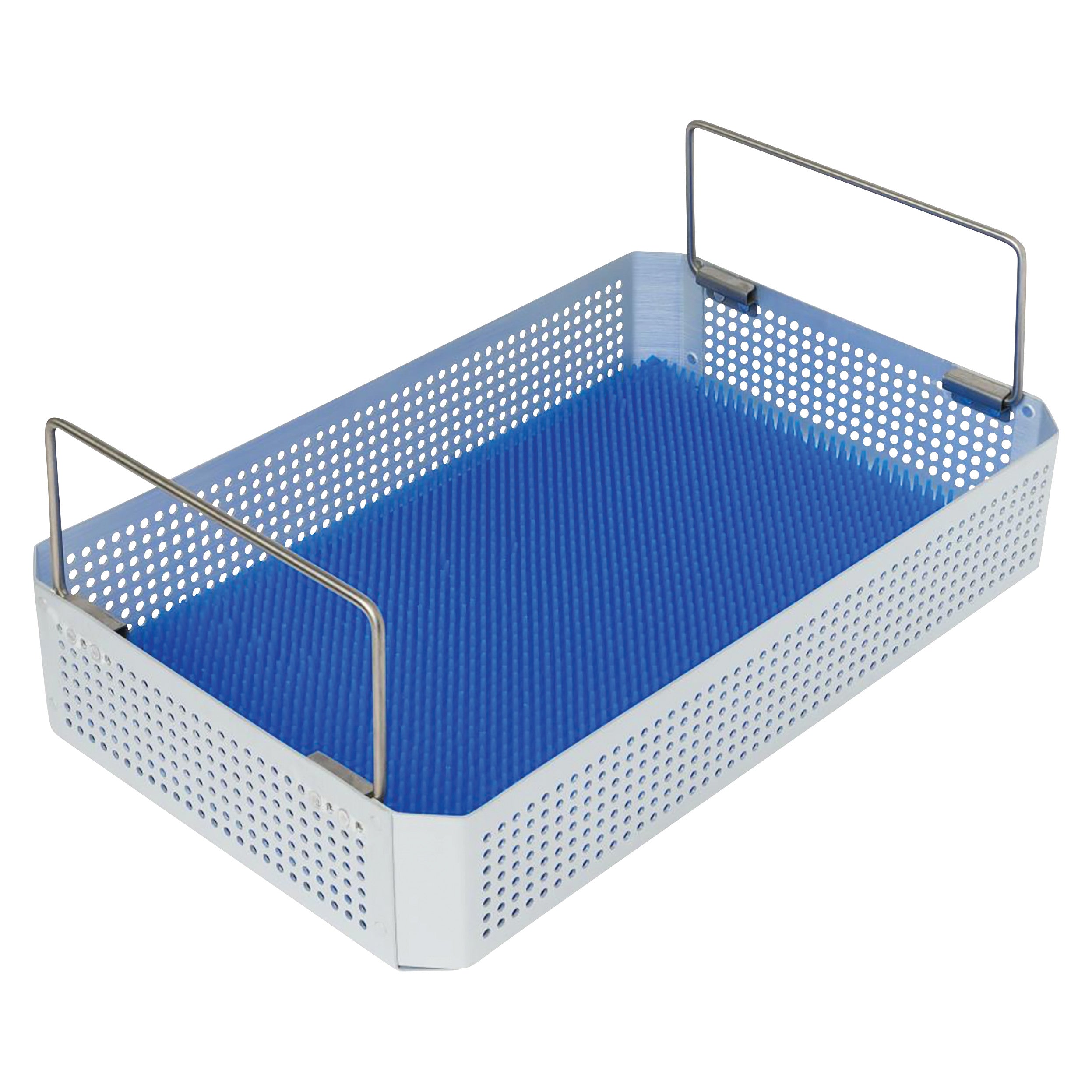 Metallic perforated basket with handles and a blue "Silicone Mat for SteriSet Containers" inside, designed for medical use.