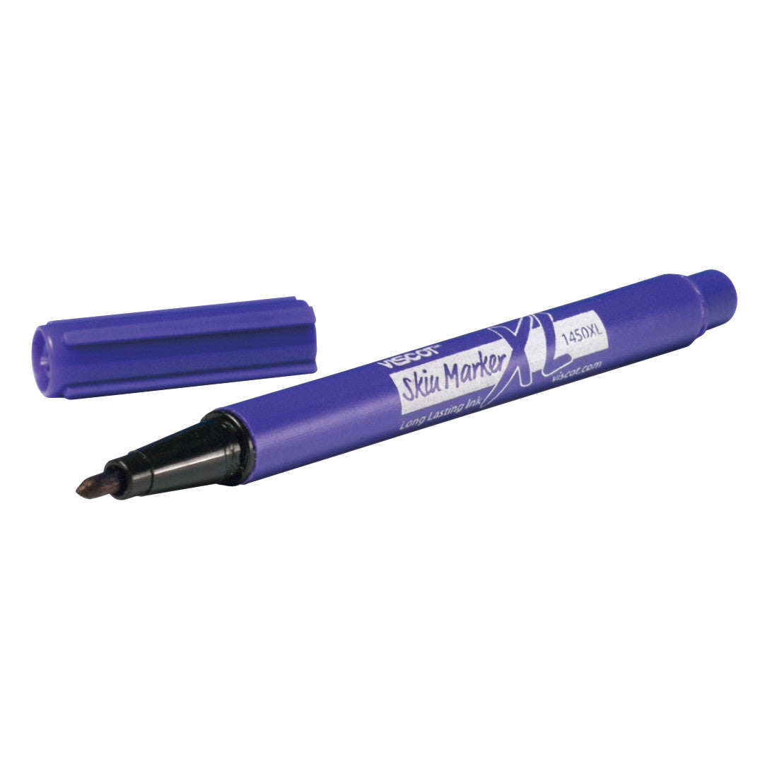 A Viscot Mini XL Pre-Surgical Skin Marker with a purple cap, shown open, exposing the pointed tip.