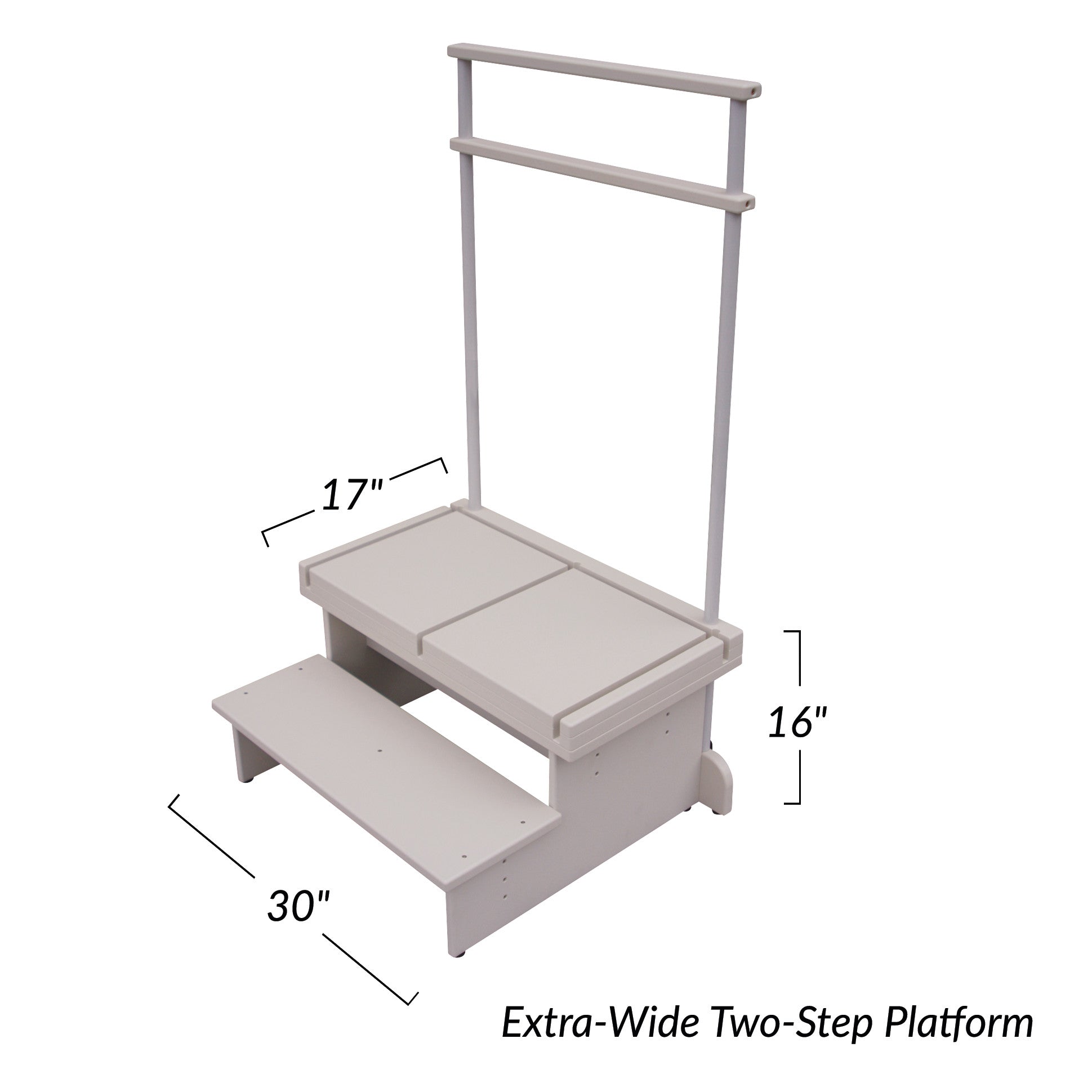 Two-Step Positioning Platform for CR and DR Systems. It features a two-step design, handrails, and measures 17" wide and 30" long.
