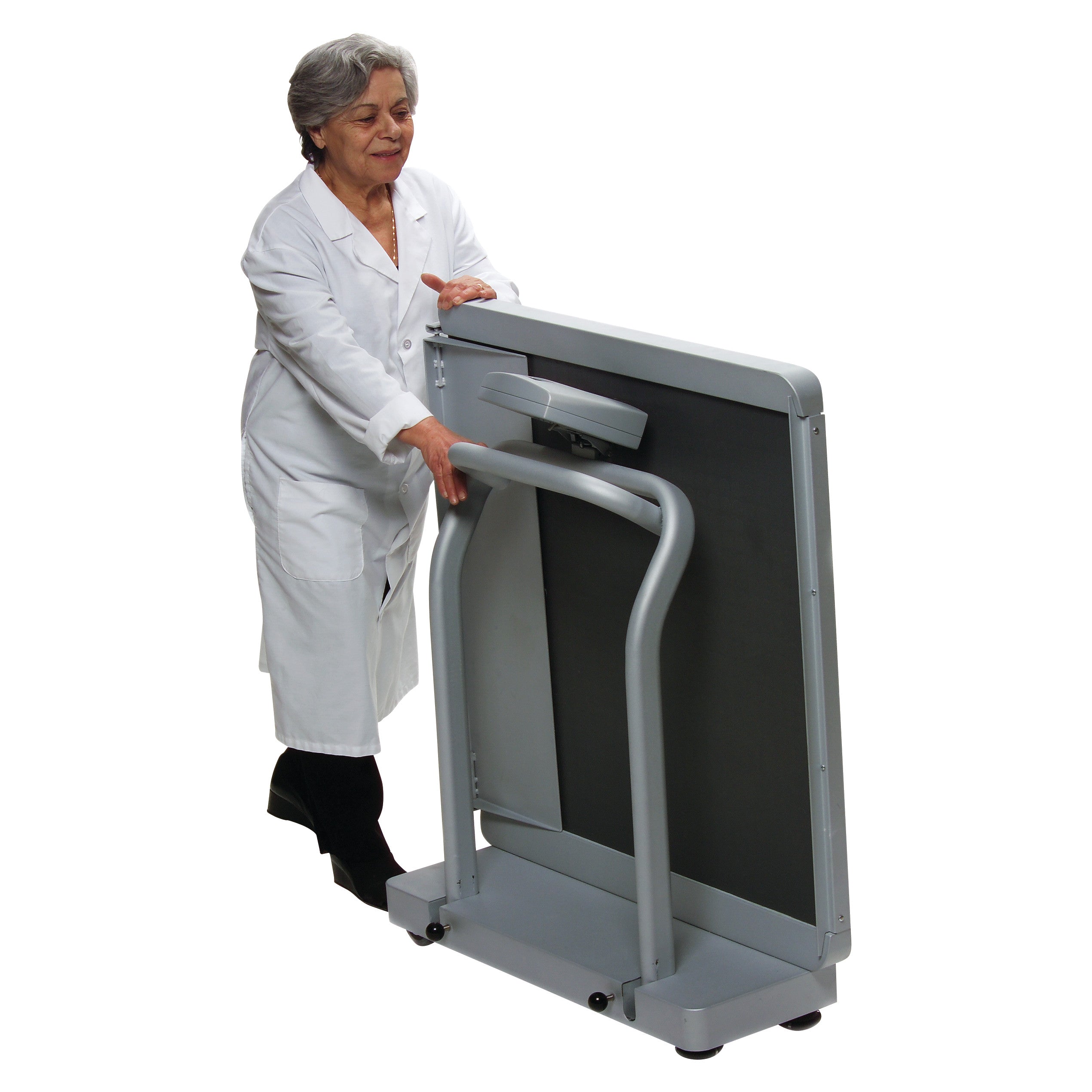 An older adult demonstrates the Health o meter Digital Wheelchair Ramp Scale, showing its foldable design for easy storage.