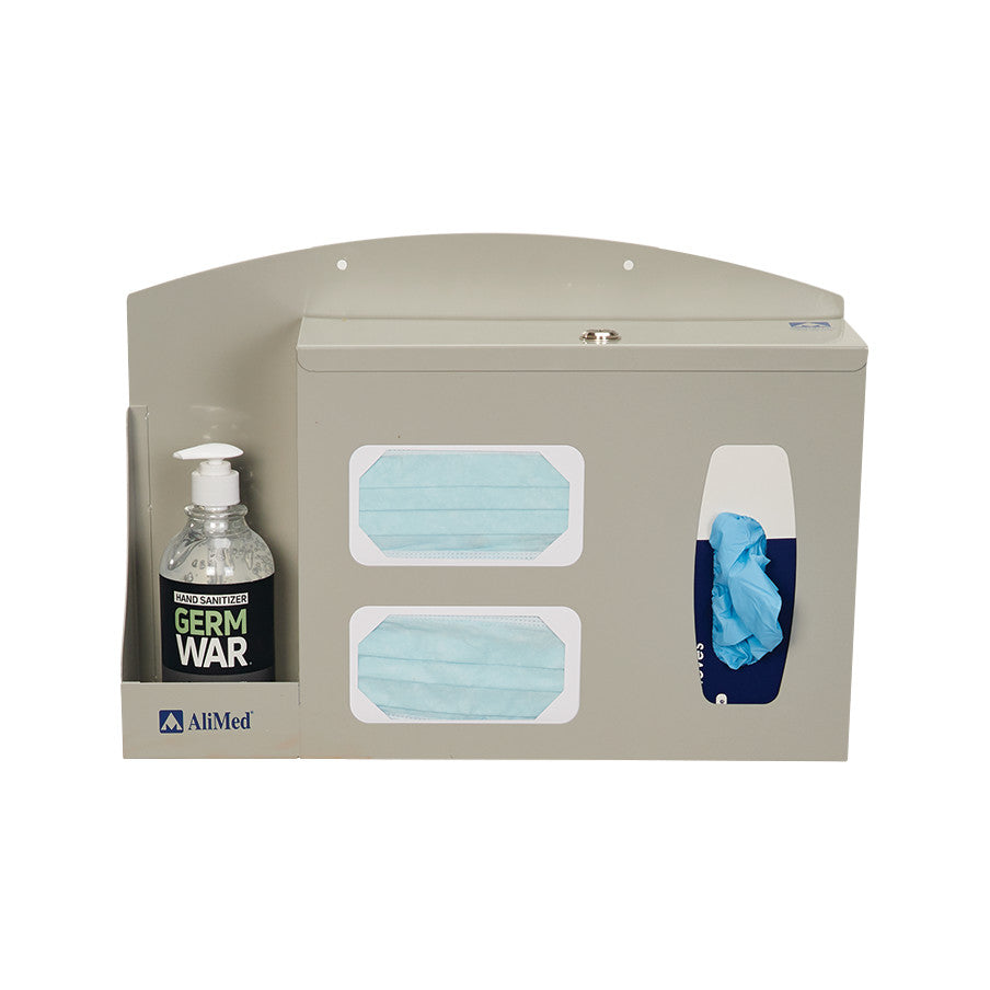 AliMed Infection Prevention Station with compartments for hand sanitizer, face masks, and gloves, mounted on a gray backboard.