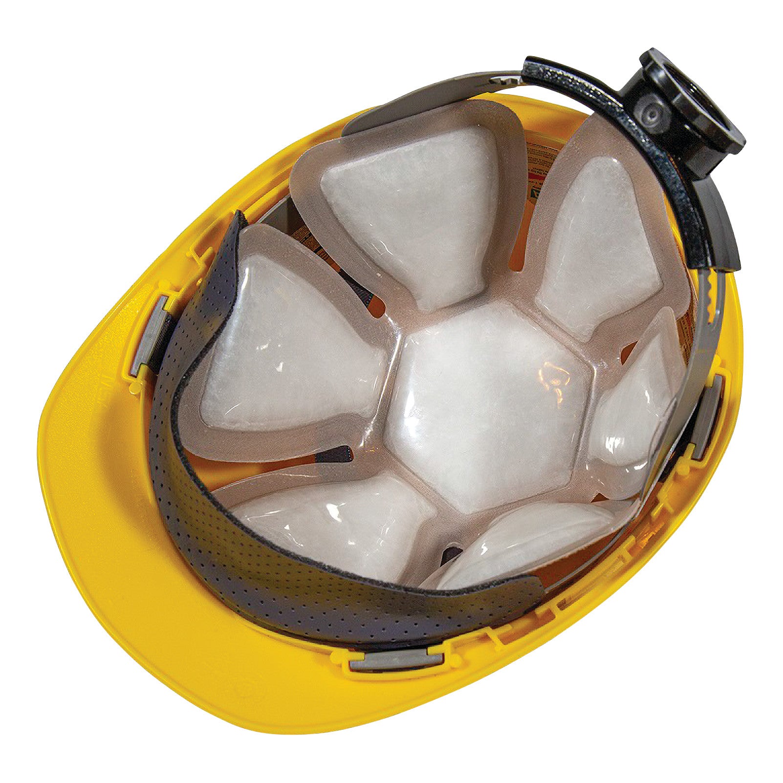 Interior view of the Xena Therapies Onyx Cool Cap, featuring padded cooling inserts inside a yellow hard hat shell.