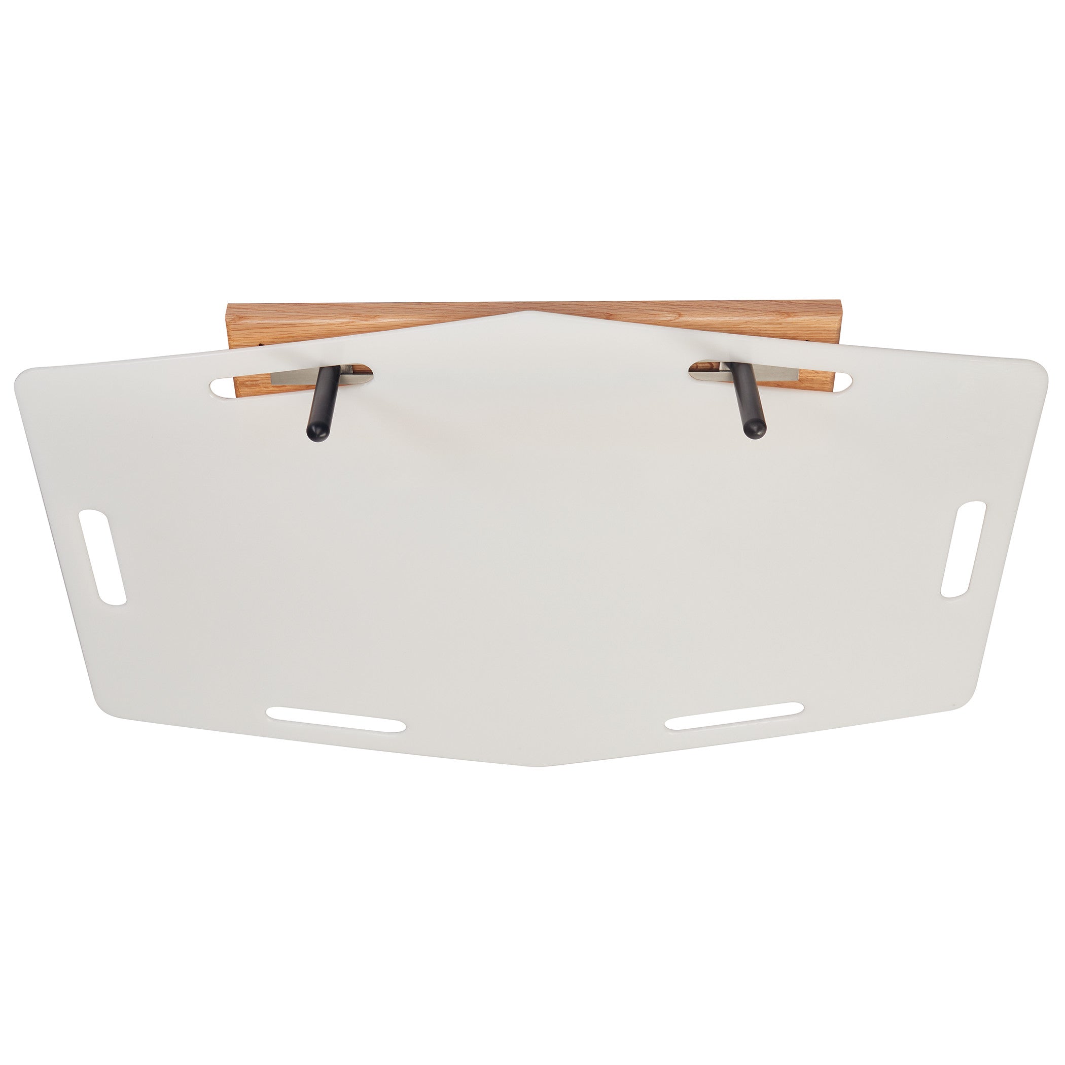 AliMed Shifter Storage Wall Hanger with a white, angular design, two black hooks, and wood accents, featuring side slots.