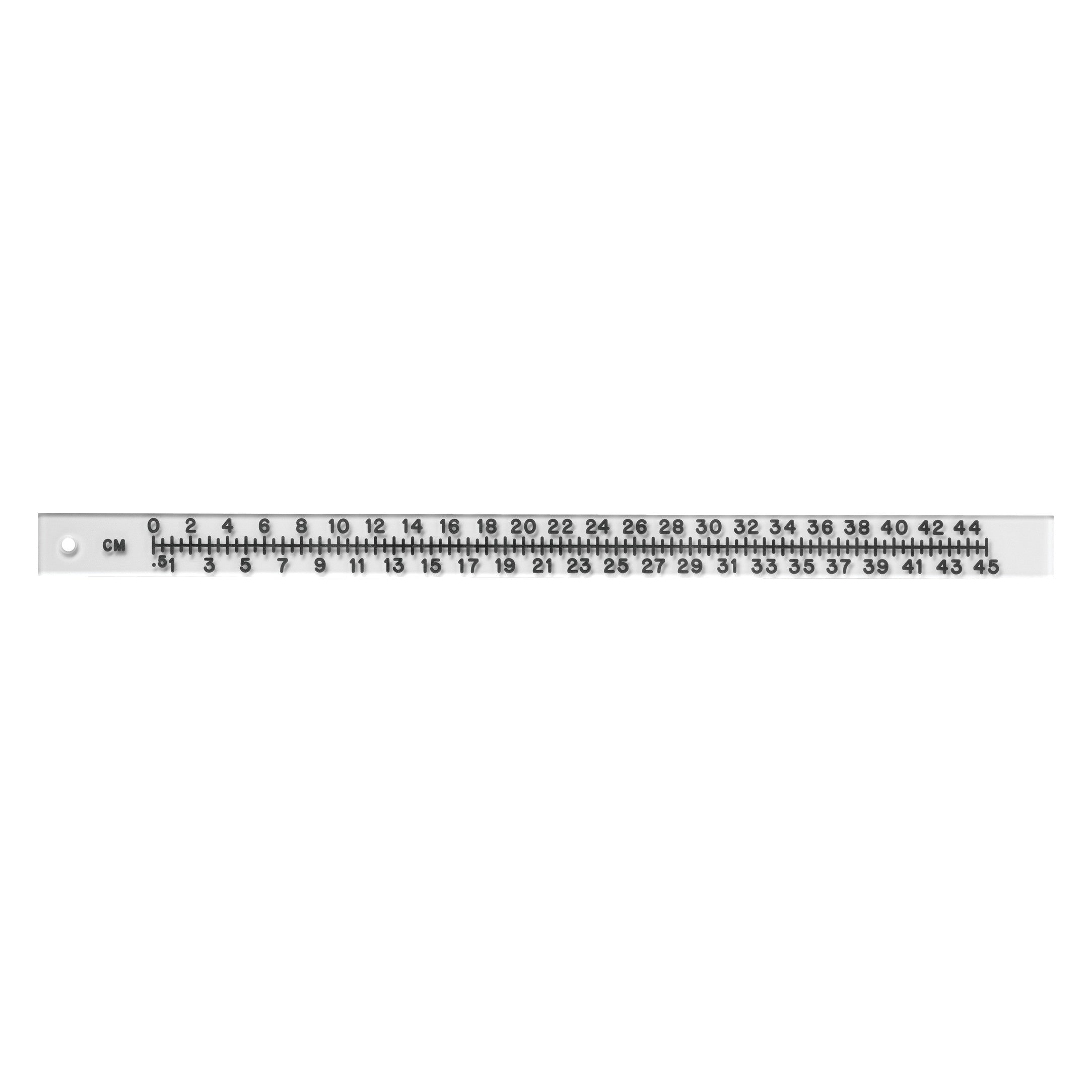 Radiopaque Acrylic Scale with centimeter measurements. White background with black markings and numbers, marked up to 45 cm.