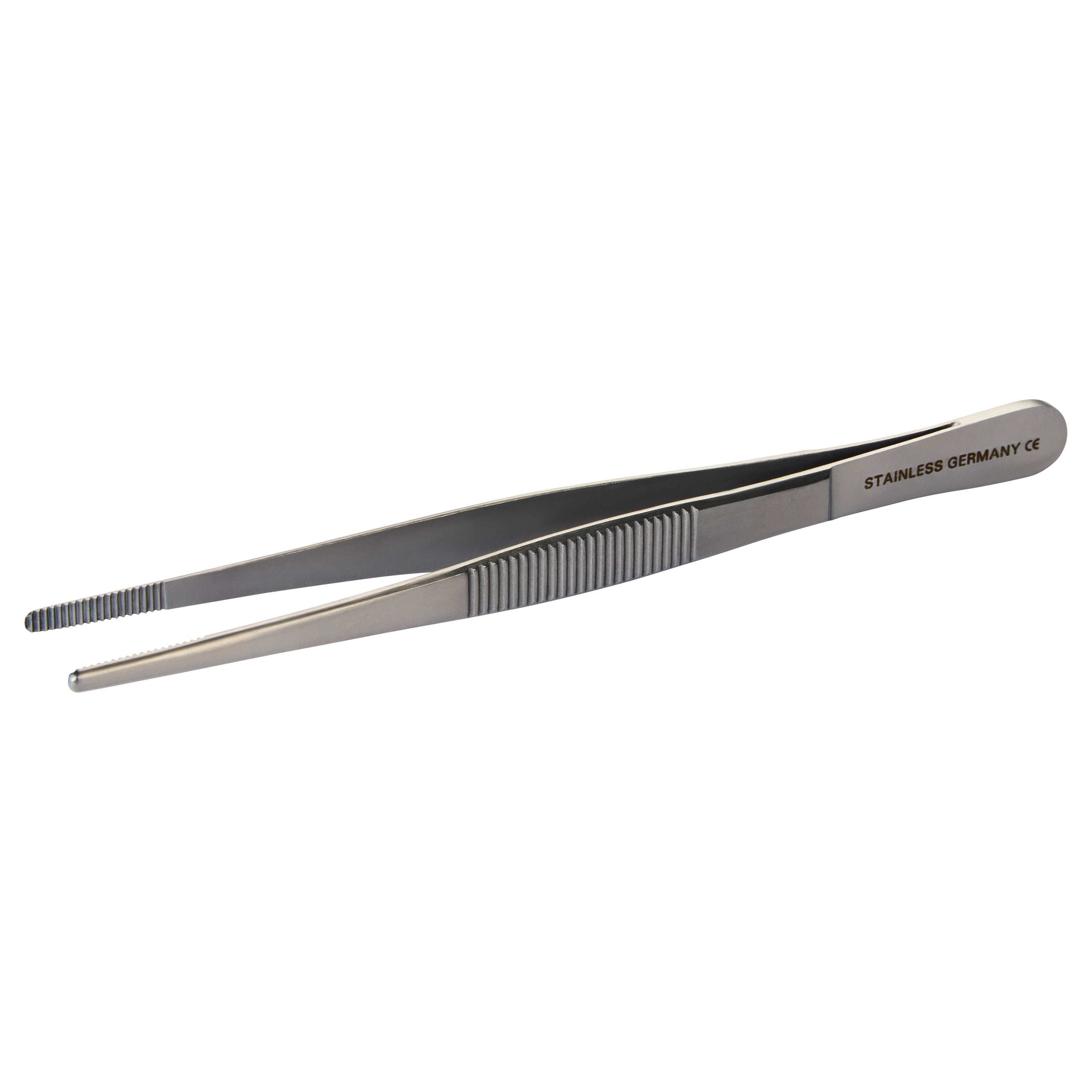 Stainless steel Dressing Forceps with ridged grip and fine serrated tips. The handle is engraved with "STAINLESS GERMANY CE."