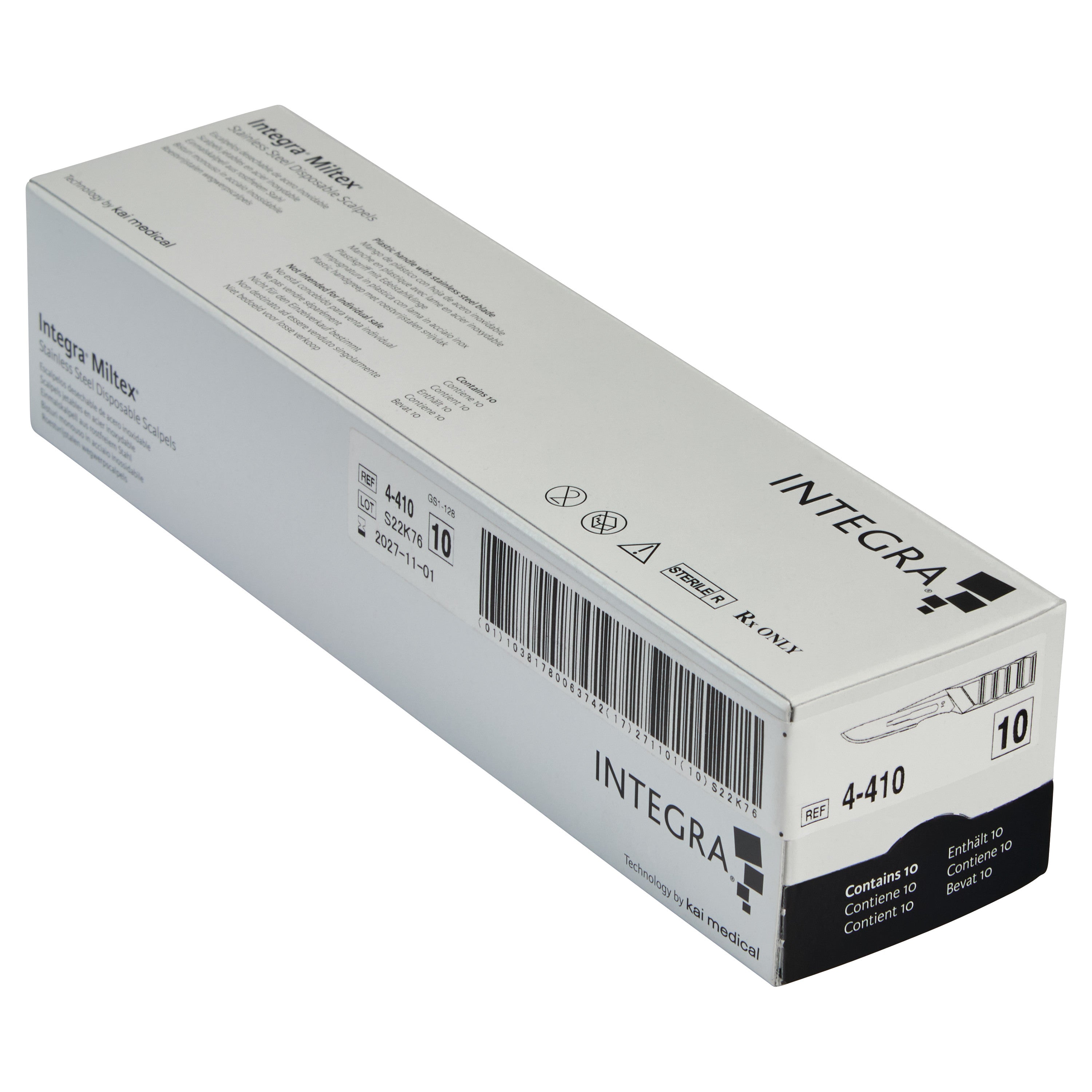 Box of Integra Miltex Disposable Scalpels, showing product details, barcodes, and icons on the packaging.