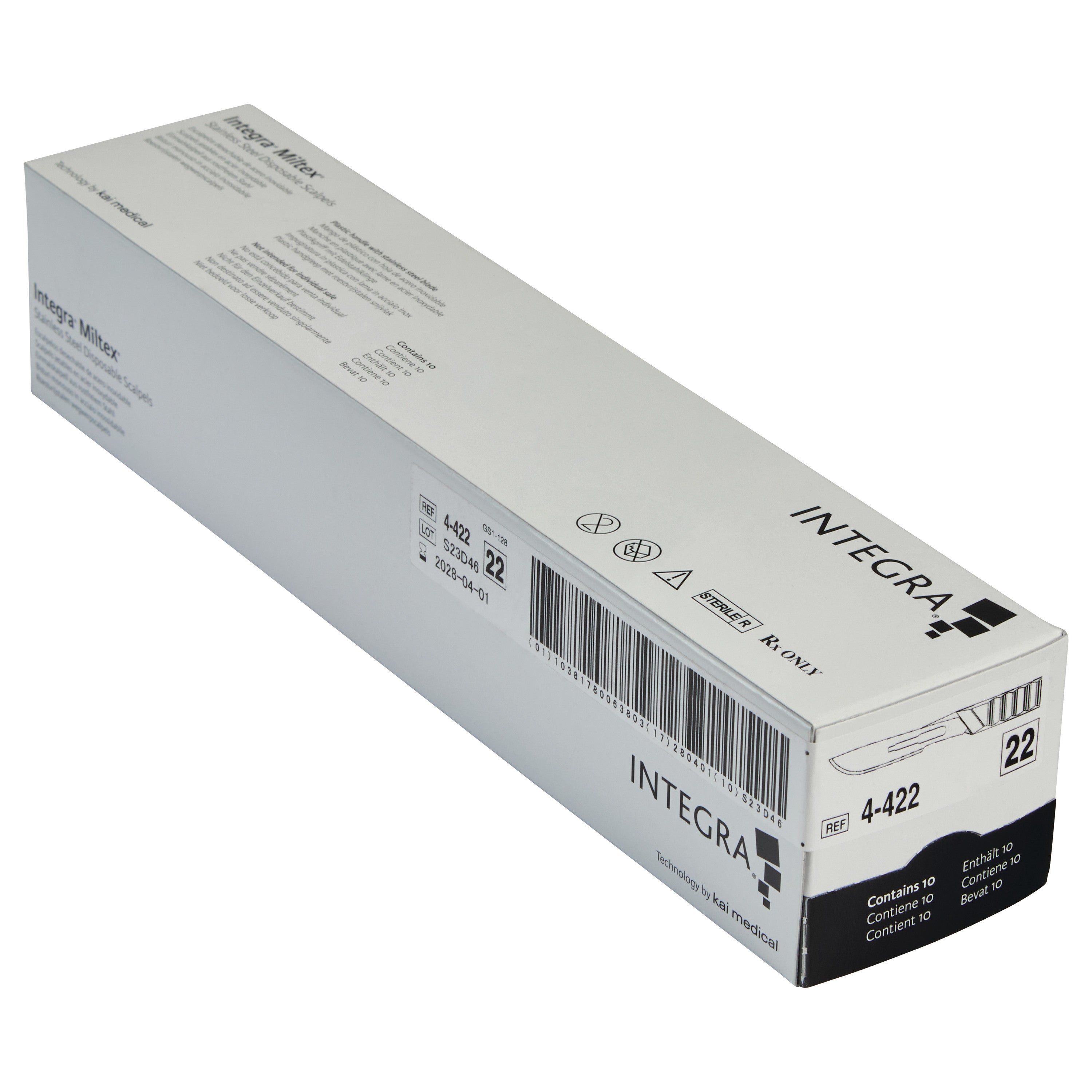 Box packaging of Miltex Disposable Scalpel by Integra, labeled "4-422," with product details and barcode visible.