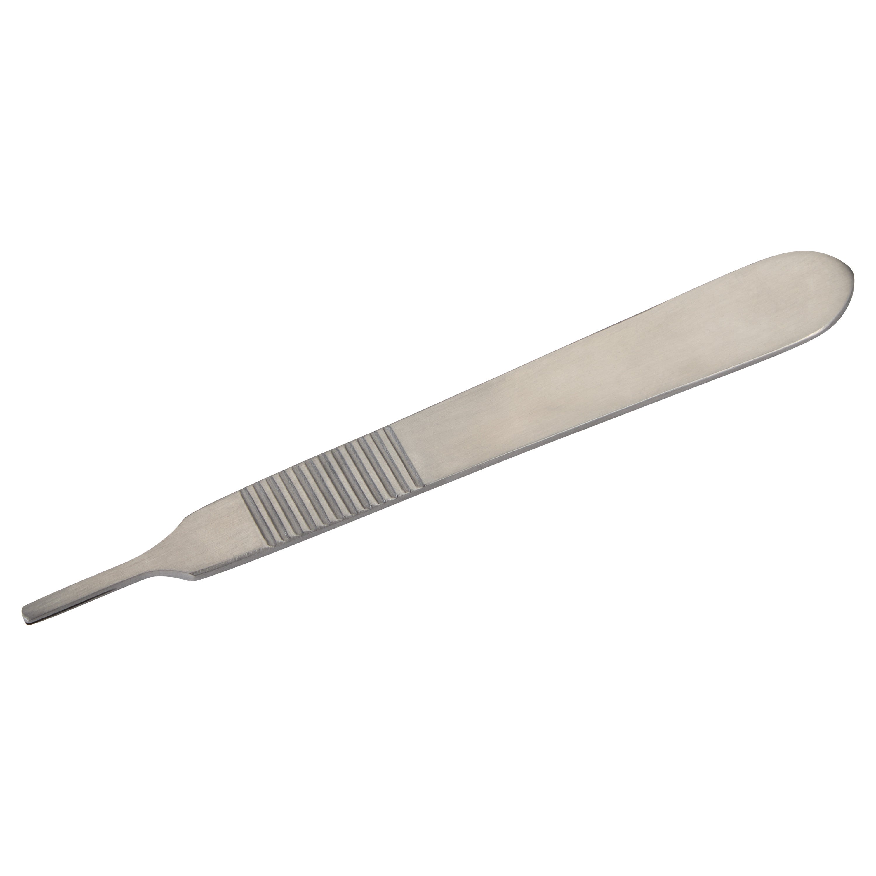 A metal Scalpel Blade Handle with a textured grip section, designed for attaching blades, shown on a plain white background.