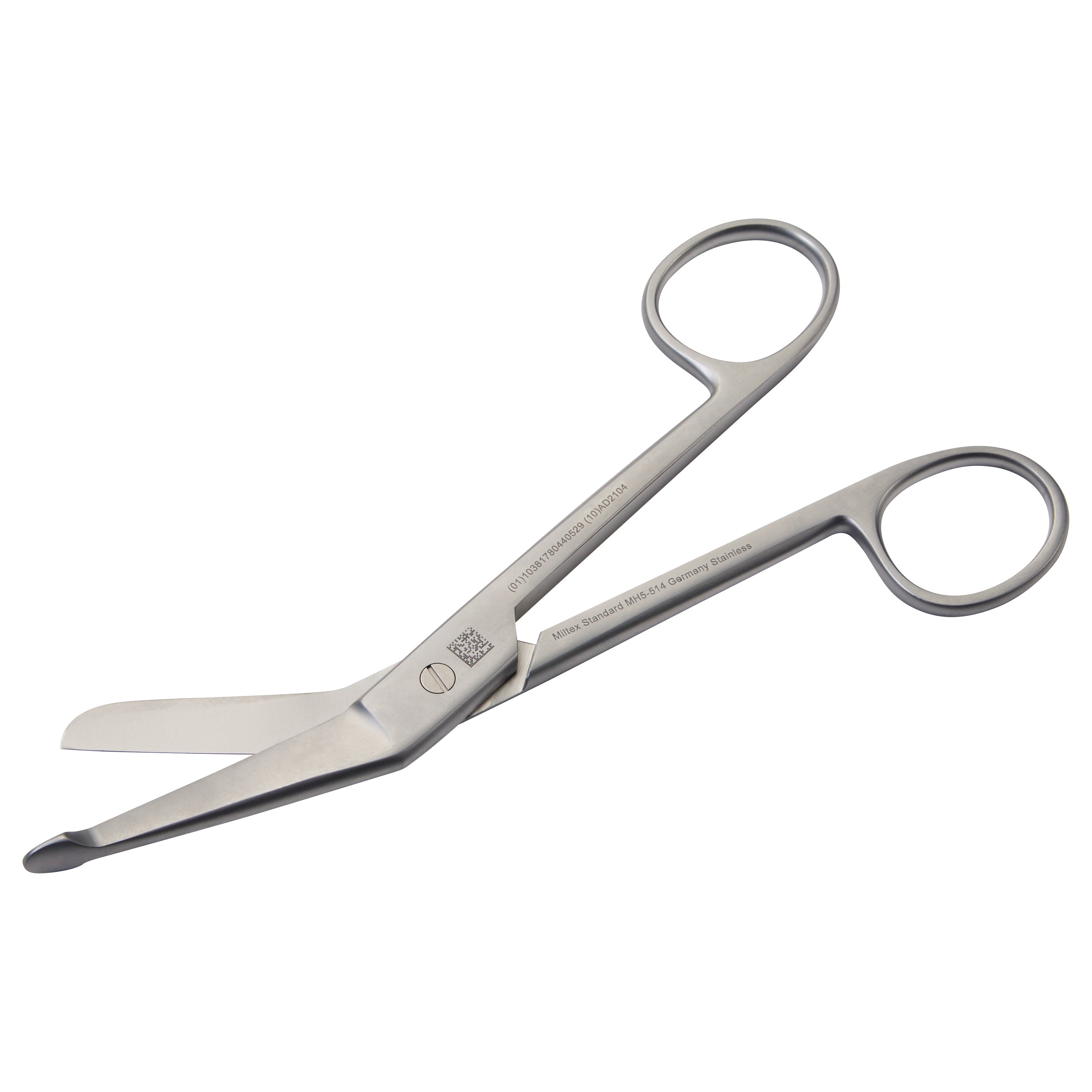 Miltex Lister Bandage Scissors featuring angled, blunt-ended blades and stainless steel finger loops, suitable for medical use.