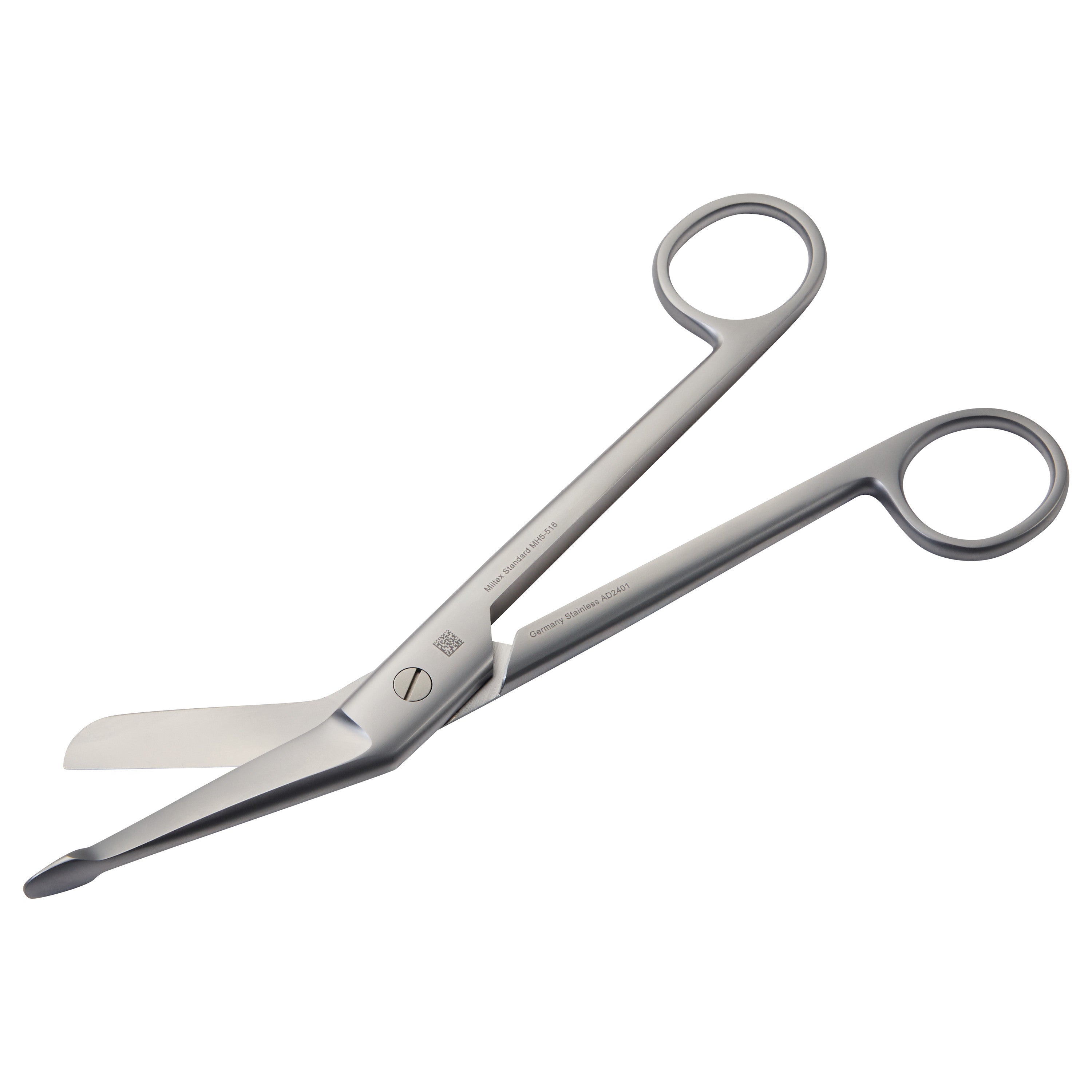 A pair of Miltex Lister Bandage Scissors with angled, blunt tips and stainless steel handles, designed for safe bandage cutting.