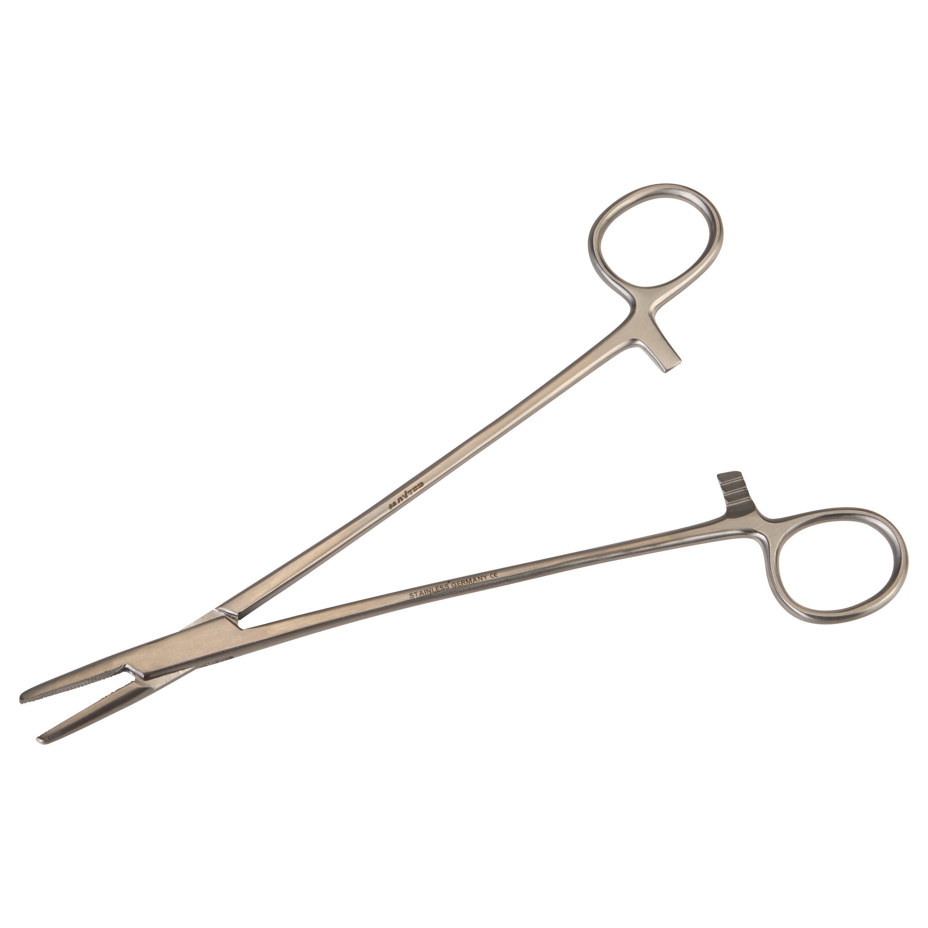 Mayo-Hegar Needle Holder made of stainless steel, featuring scissor-like handles and a serrated gripping end.