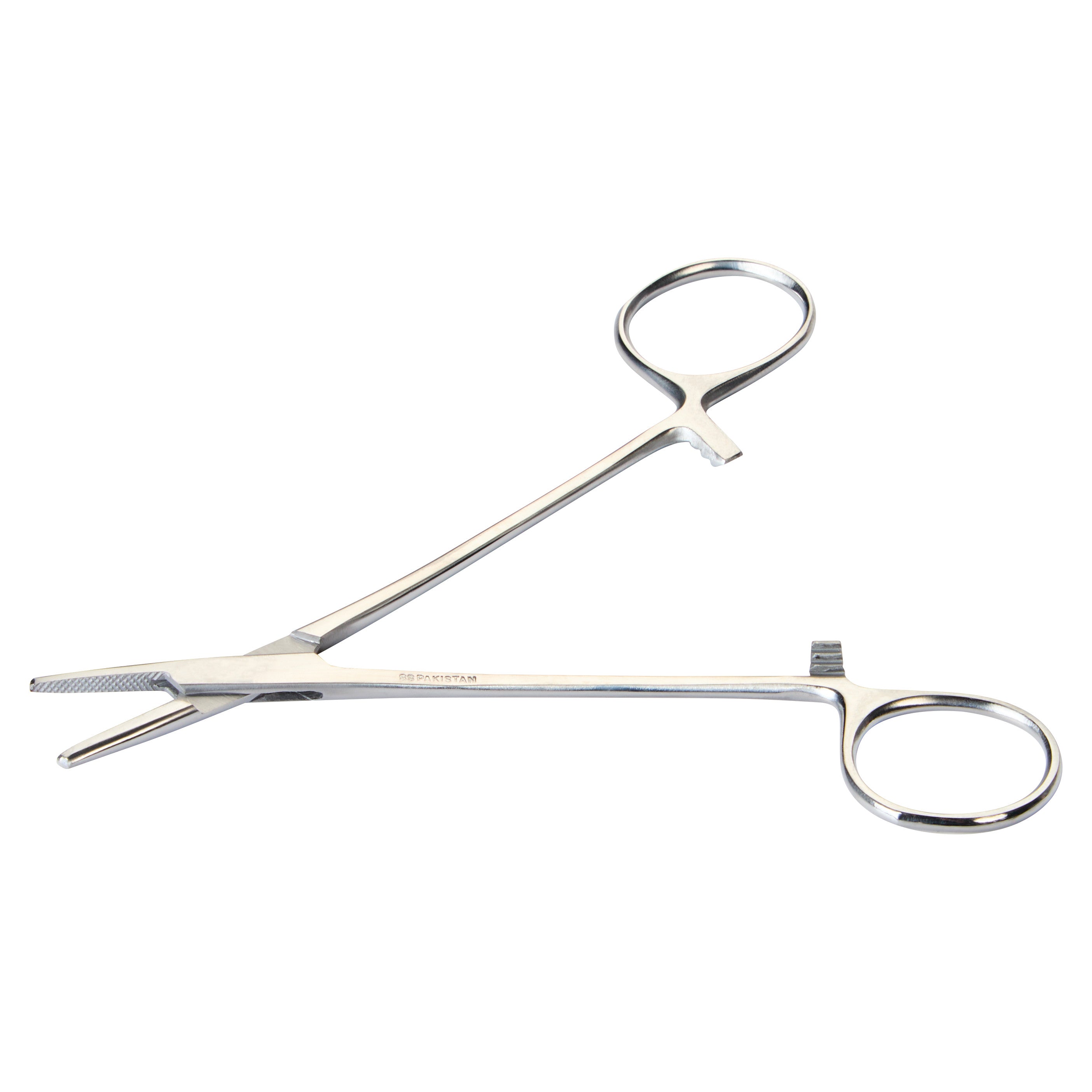 A Baumgartner Needle Holder with a metallic finish and looped handles, used for surgical needle holding.