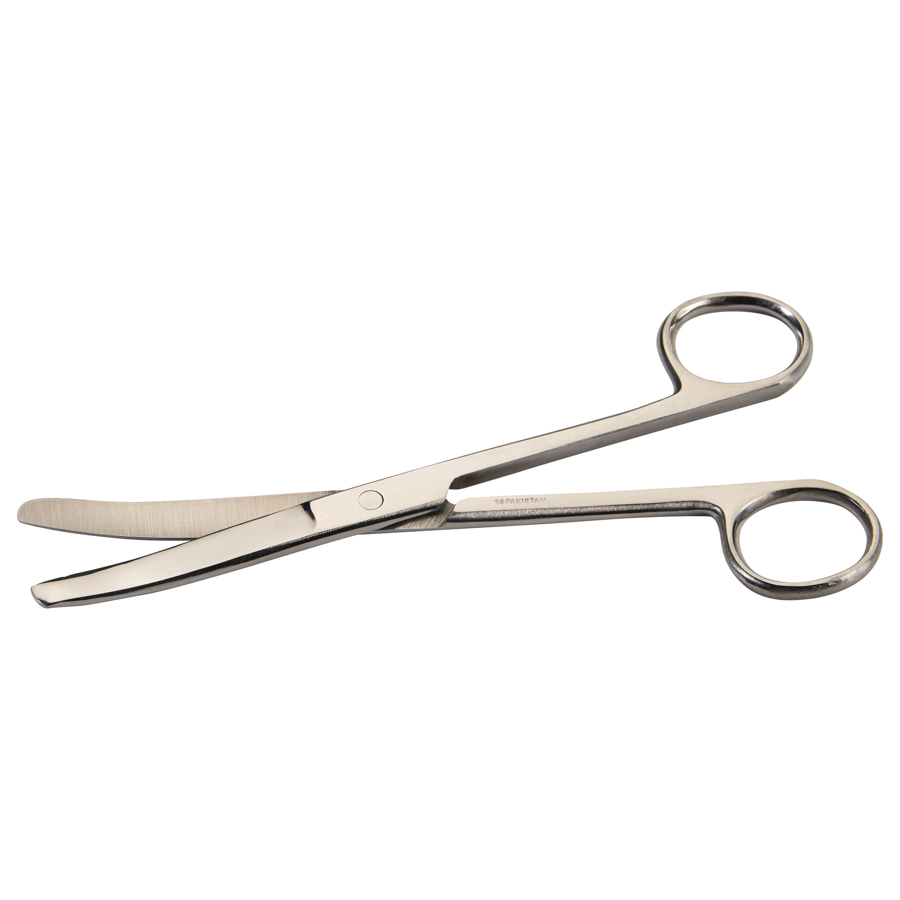 Silver metal operating scissors with curved blades and finger loops.