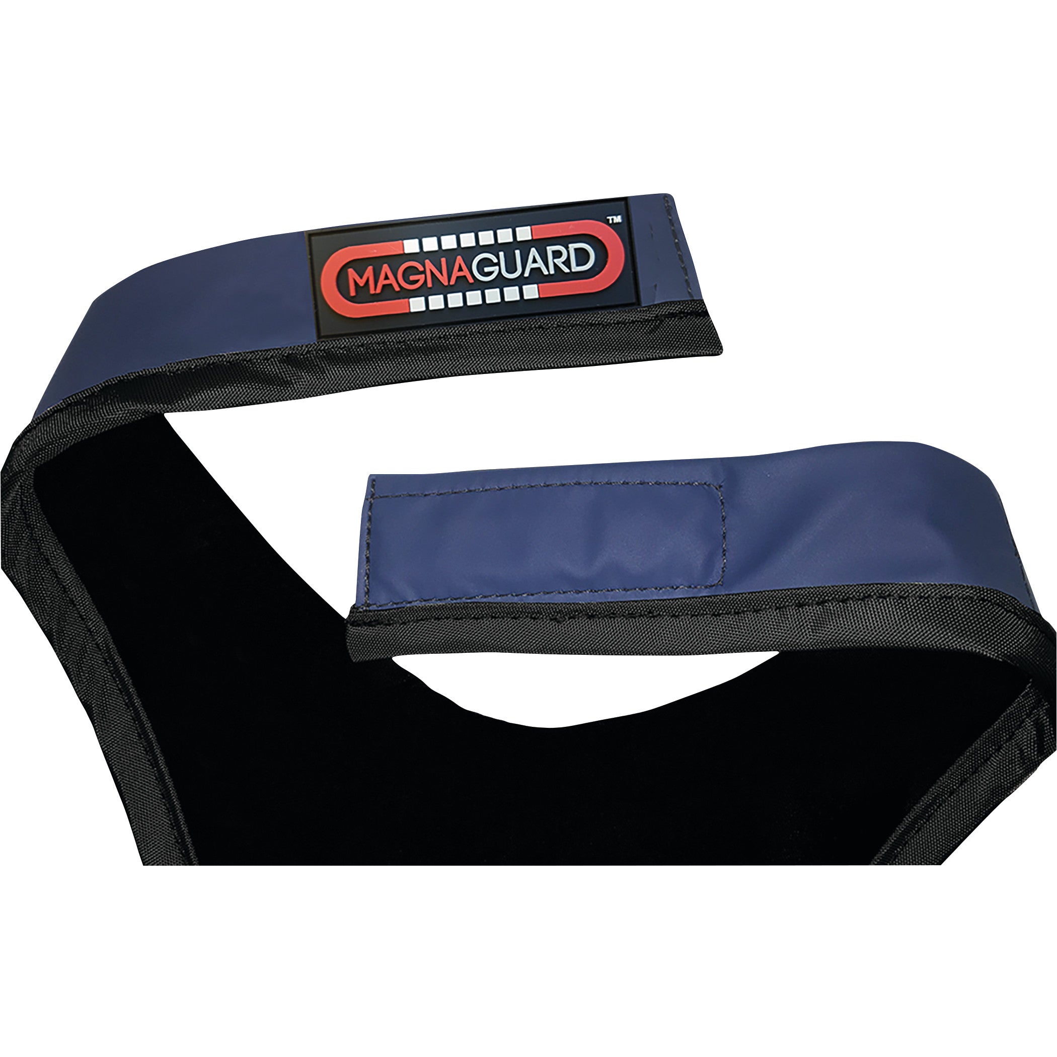 Close-up of the Barrier Technologies Ready To Go UltraFlex Lead-Free Frontal Apron in blue with a "MAGNAGUARD" label.