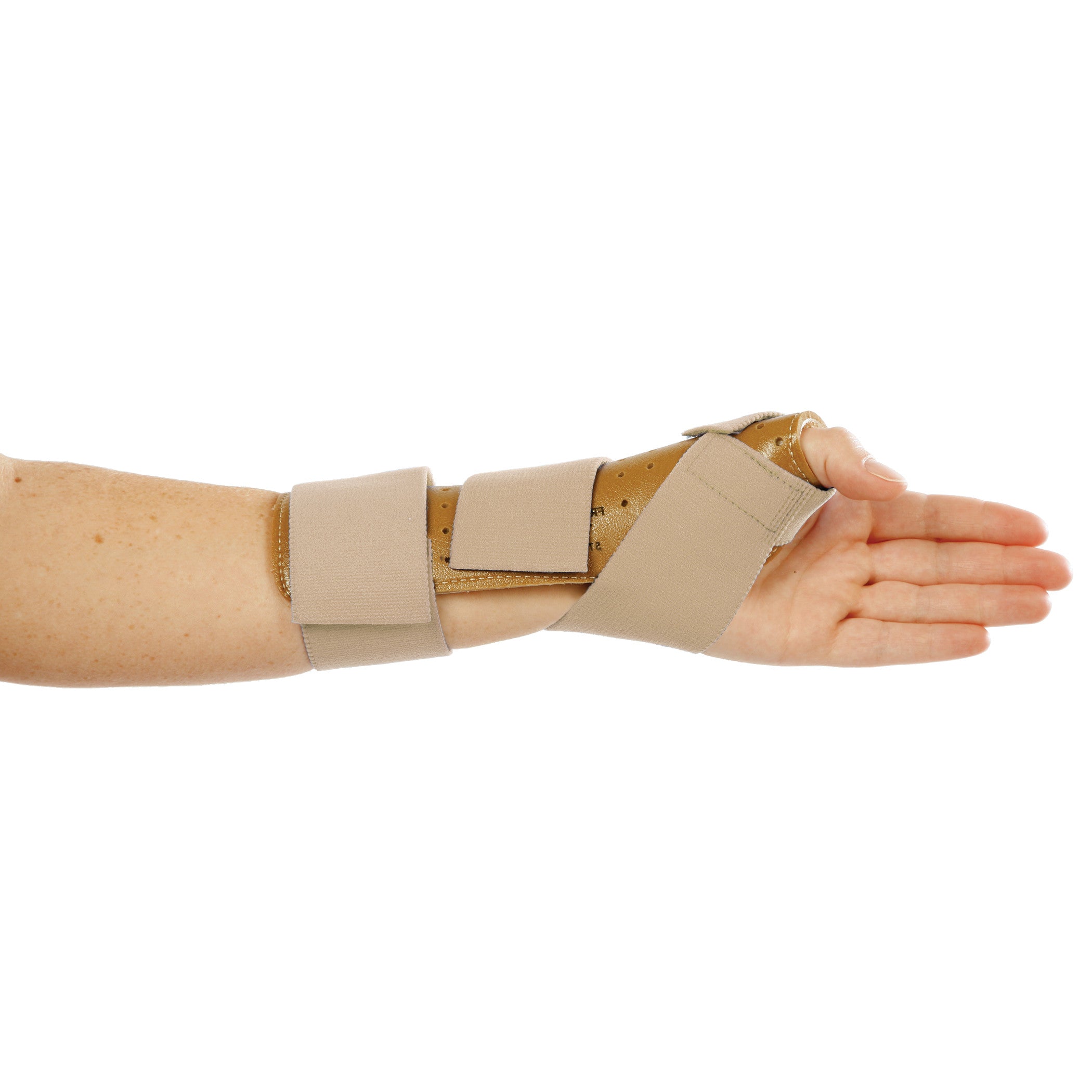 An arm wearing the AliMed FREEDOM Thumb Spica splint with blue straps for wrist and thumb support, seen from the side.