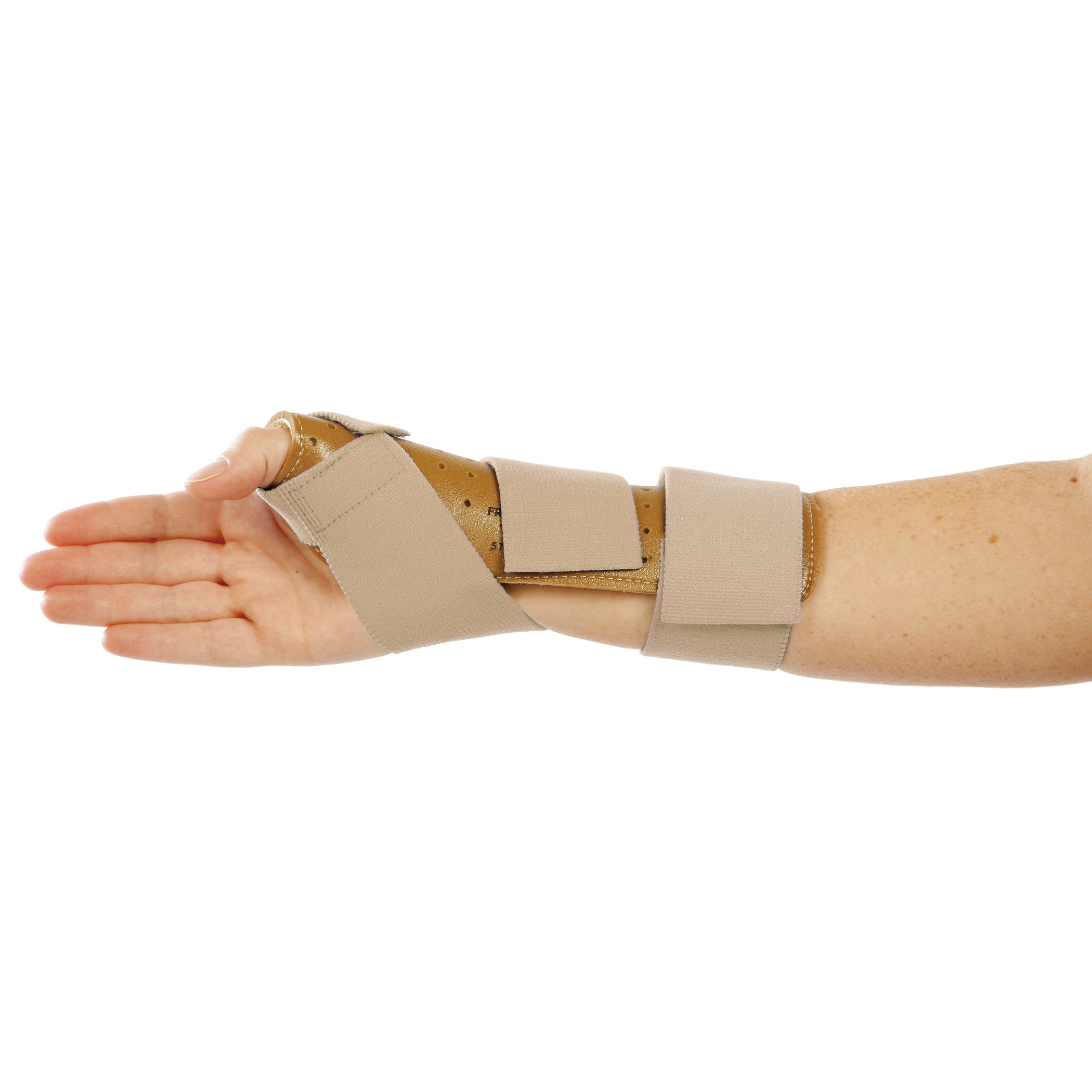 A hand is wearing the AliMed FREEDOM Thumb Spica splint, featuring blue straps and a beige base for thumb and wrist support.
