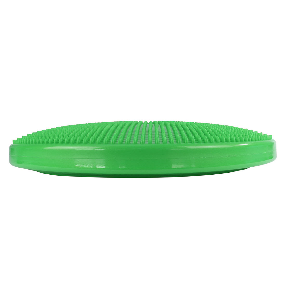 A green CanDo Vestibular Disc with a textured surface, viewed from the side, designed for balance training and physical therapy.