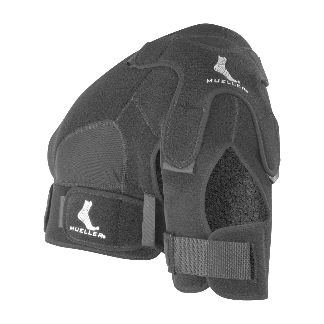 Mueller Shoulder Support, a black orthopedic device with adjustable straps and padding for shoulder stabilization.