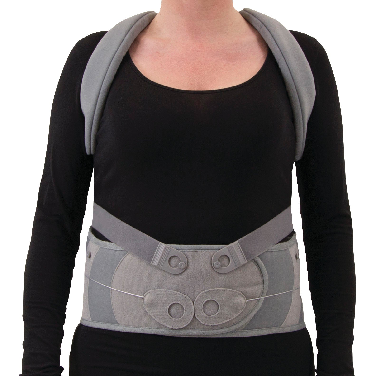 A person wearing an Ossur Miami Lumbar Posteo support brace, which is gray and designed for back support with shoulder straps.