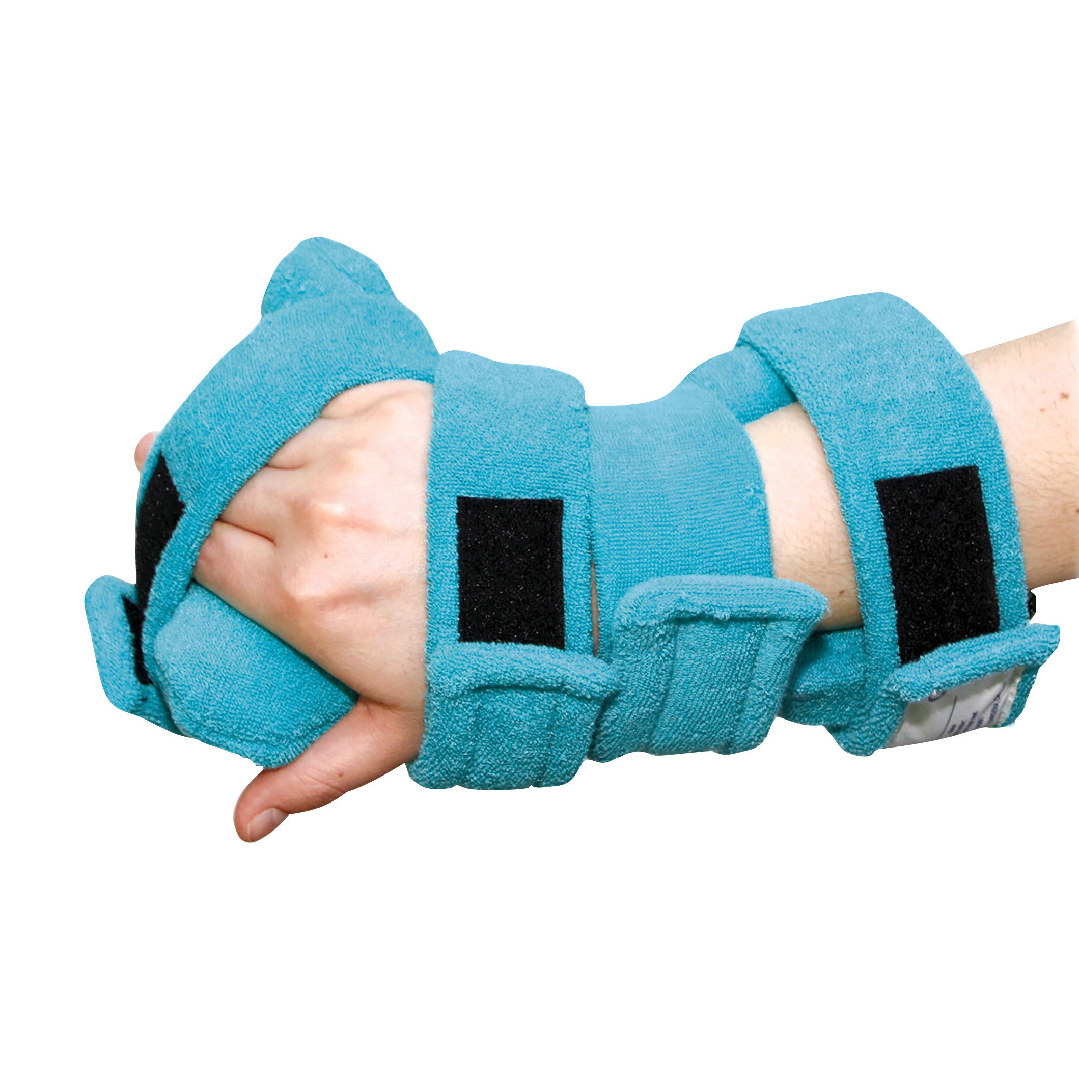 A hand wearing the Comfy Splints Pediatric 4-Strap Hand/Thumb Orthosis in teal to  prove support and stability.