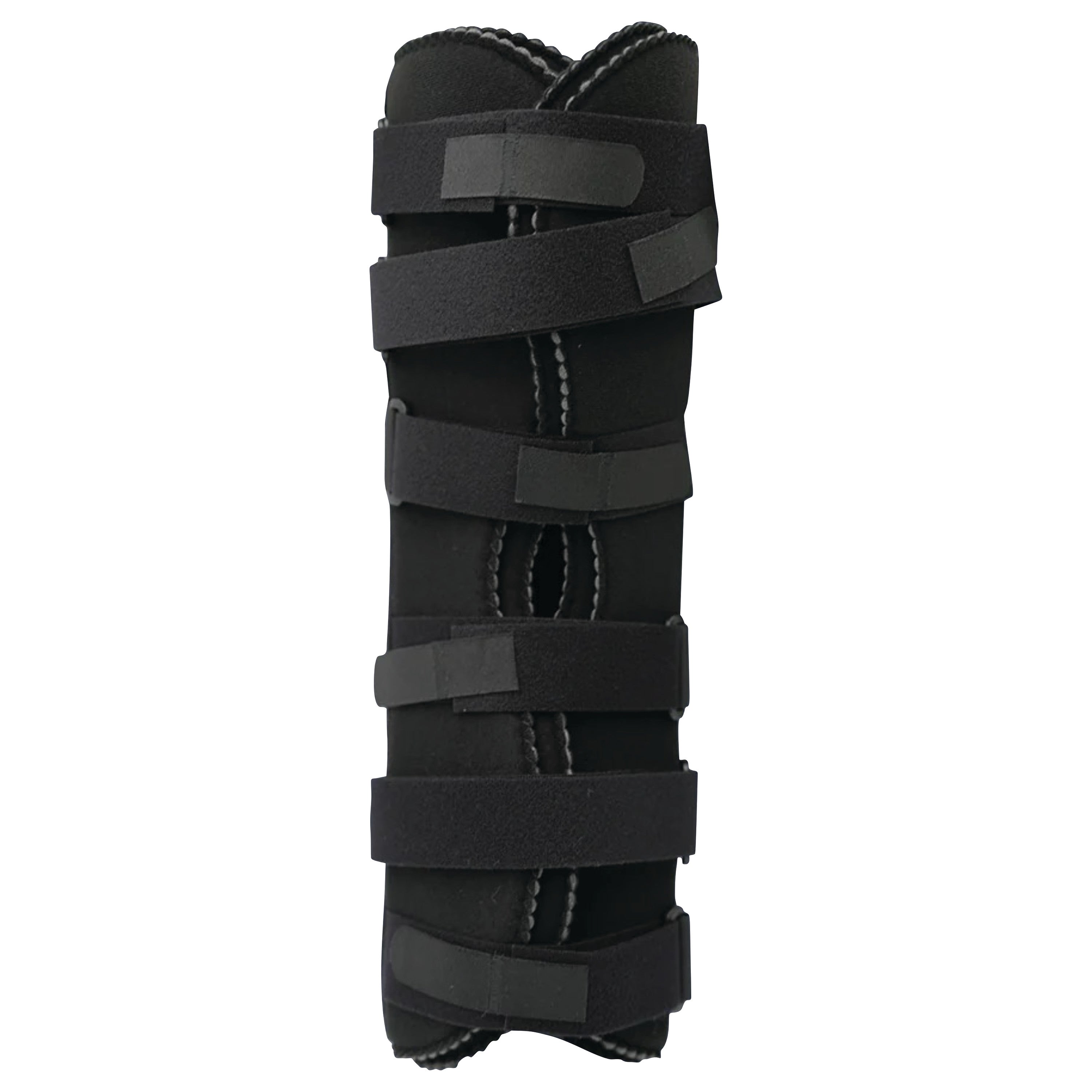 The RCAI Knee Immobilizer is a black orthopedic brace with multiple adjustable straps used for leg support and stabilization.