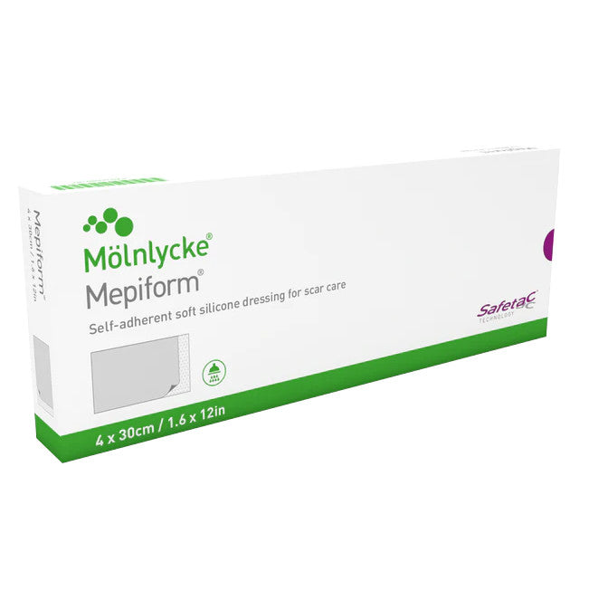 Box of Molnlycke Mepiform Self-Adherent Soft Silicone Dressing for scar care. Dimensions: 4 x 30cm / 1.6 x 12in.