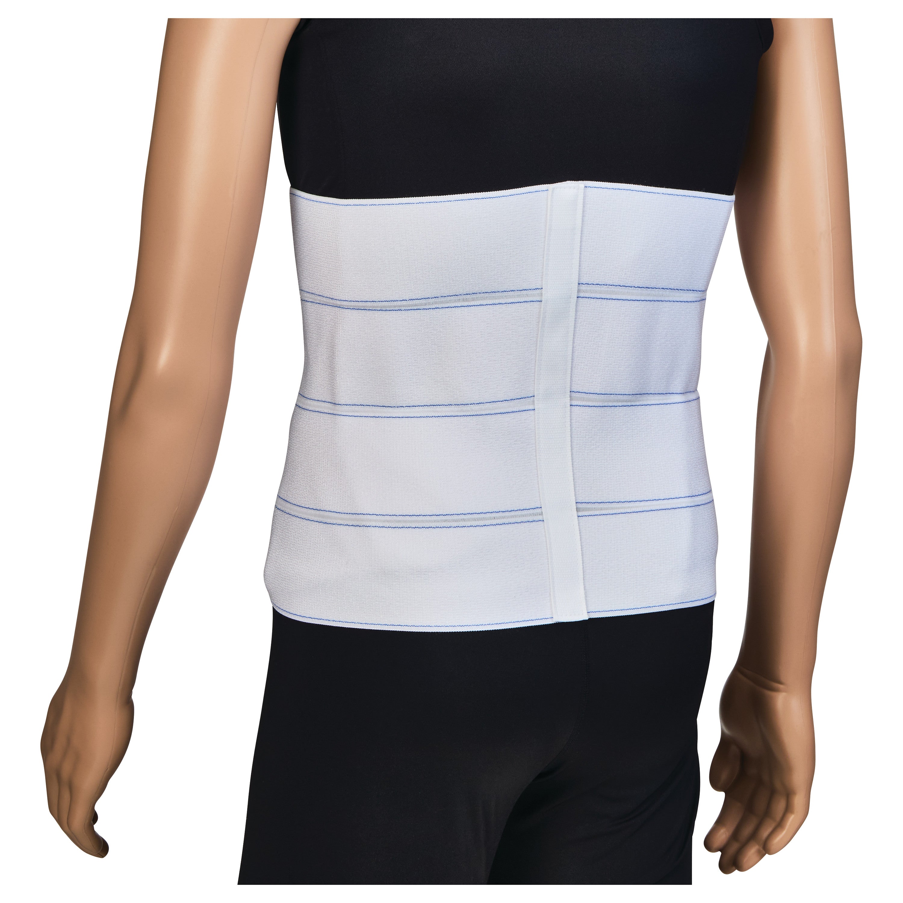 A mannequin wearing the AliMed Four-Panel Abdominal Support, shown from the back. The support is white with blue lines.